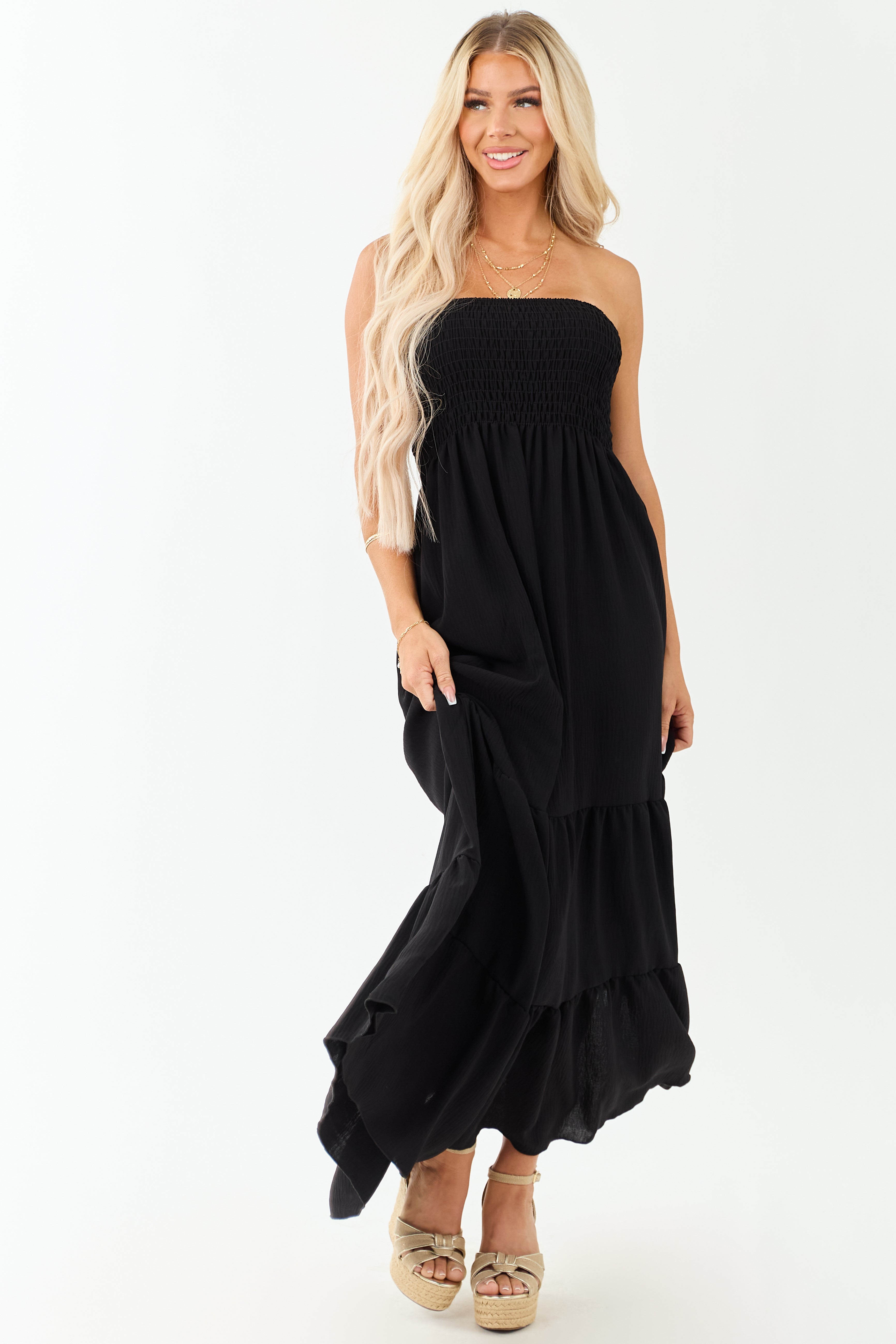 Black Smocked Tiered Strapless Maxi Dress