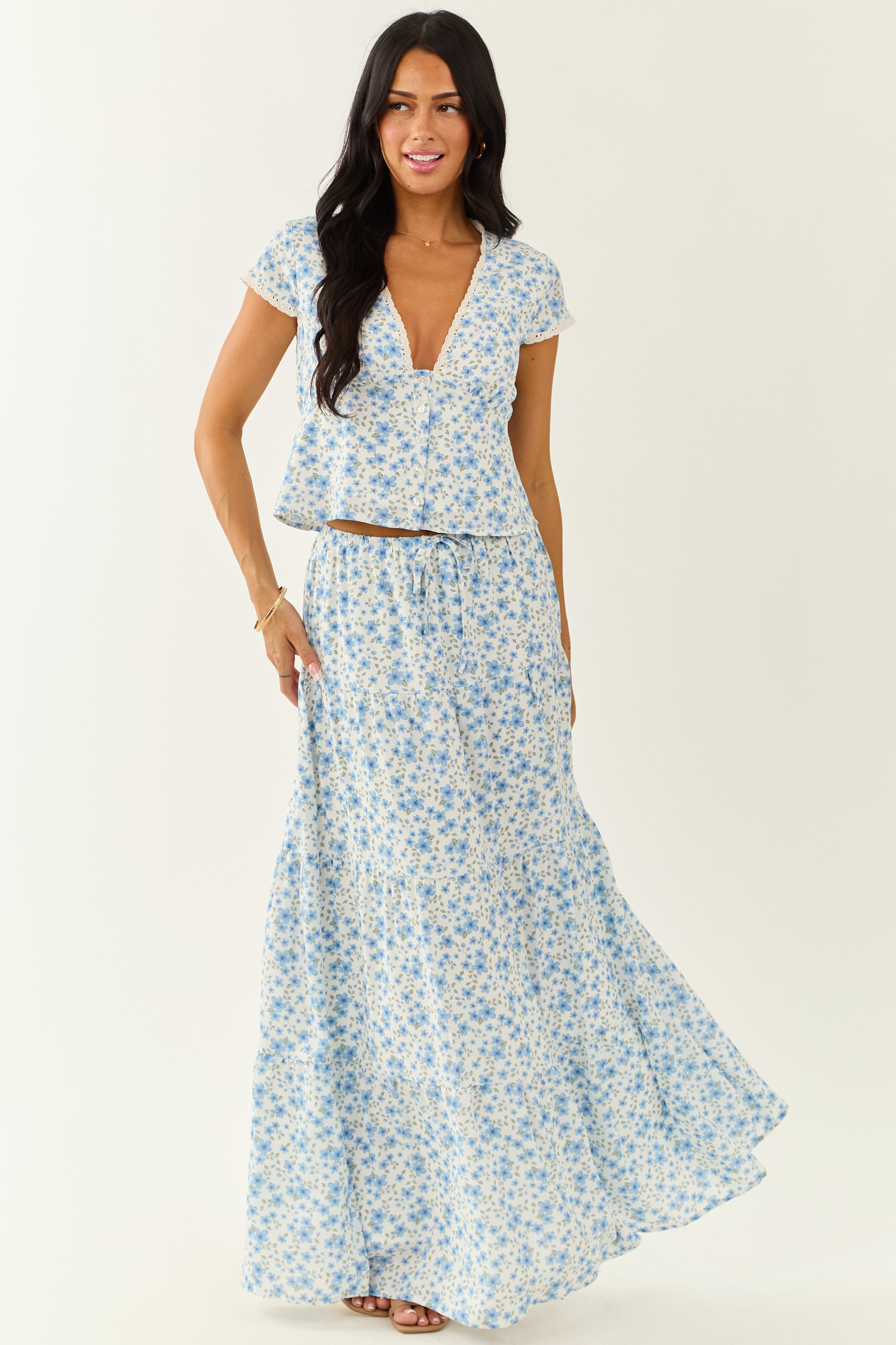 Ivory Floral Deep V Cap Sleeve Button Up Blouse