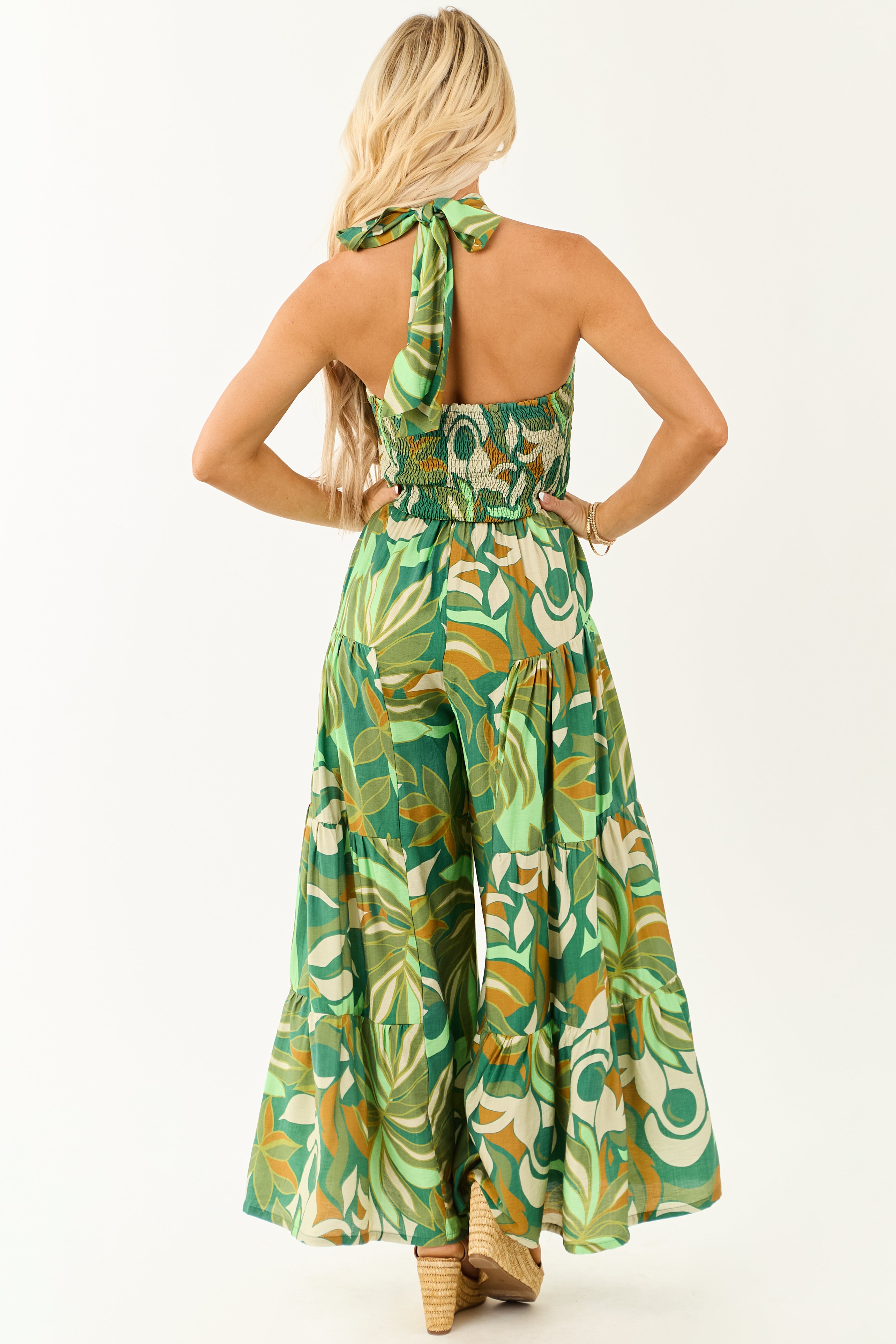 Kiwi Tropical Print Halter Front Tie Jumpsuit