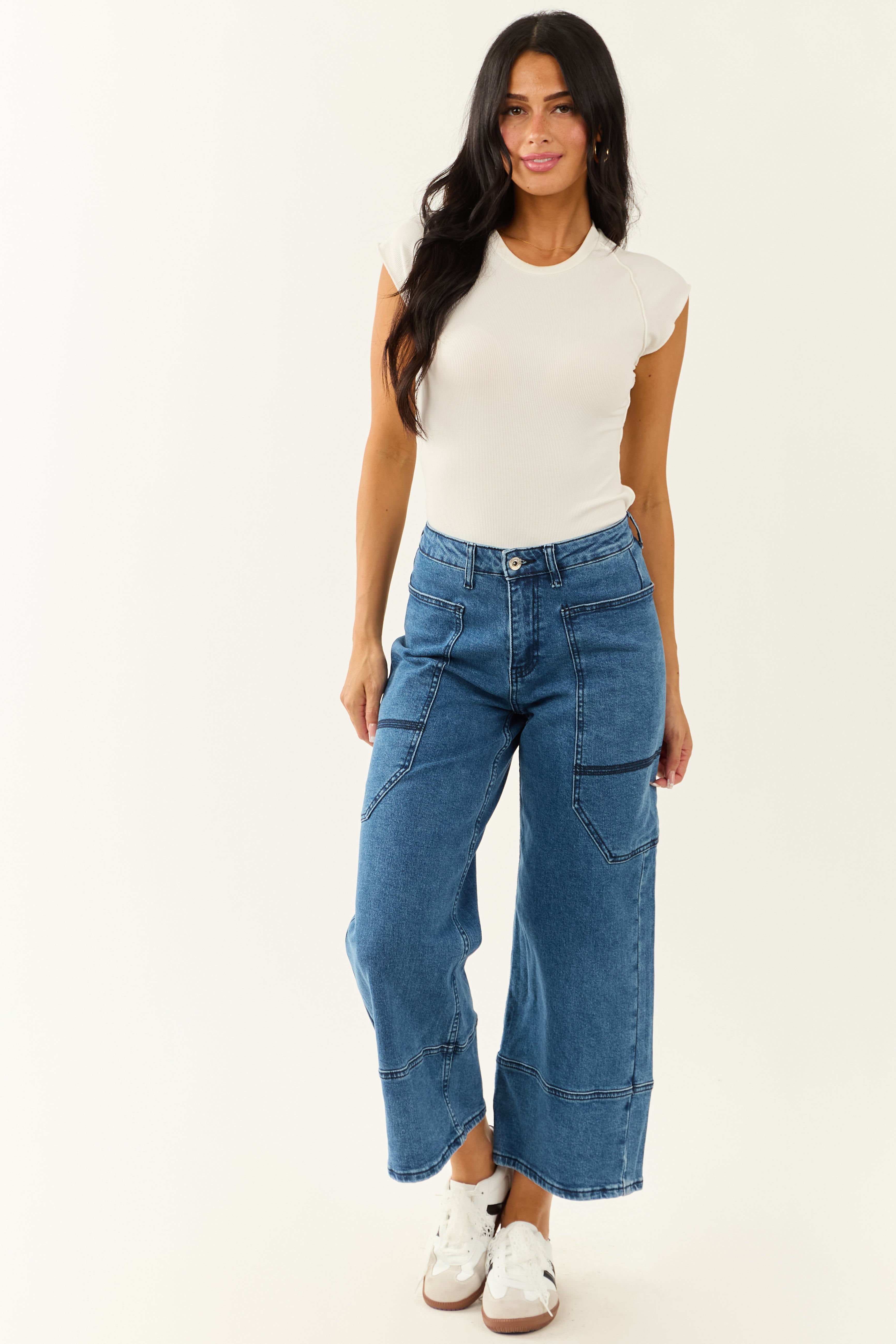 Saige Dark Wash Wide Leg Stretchy Wrap Pocket Jeans