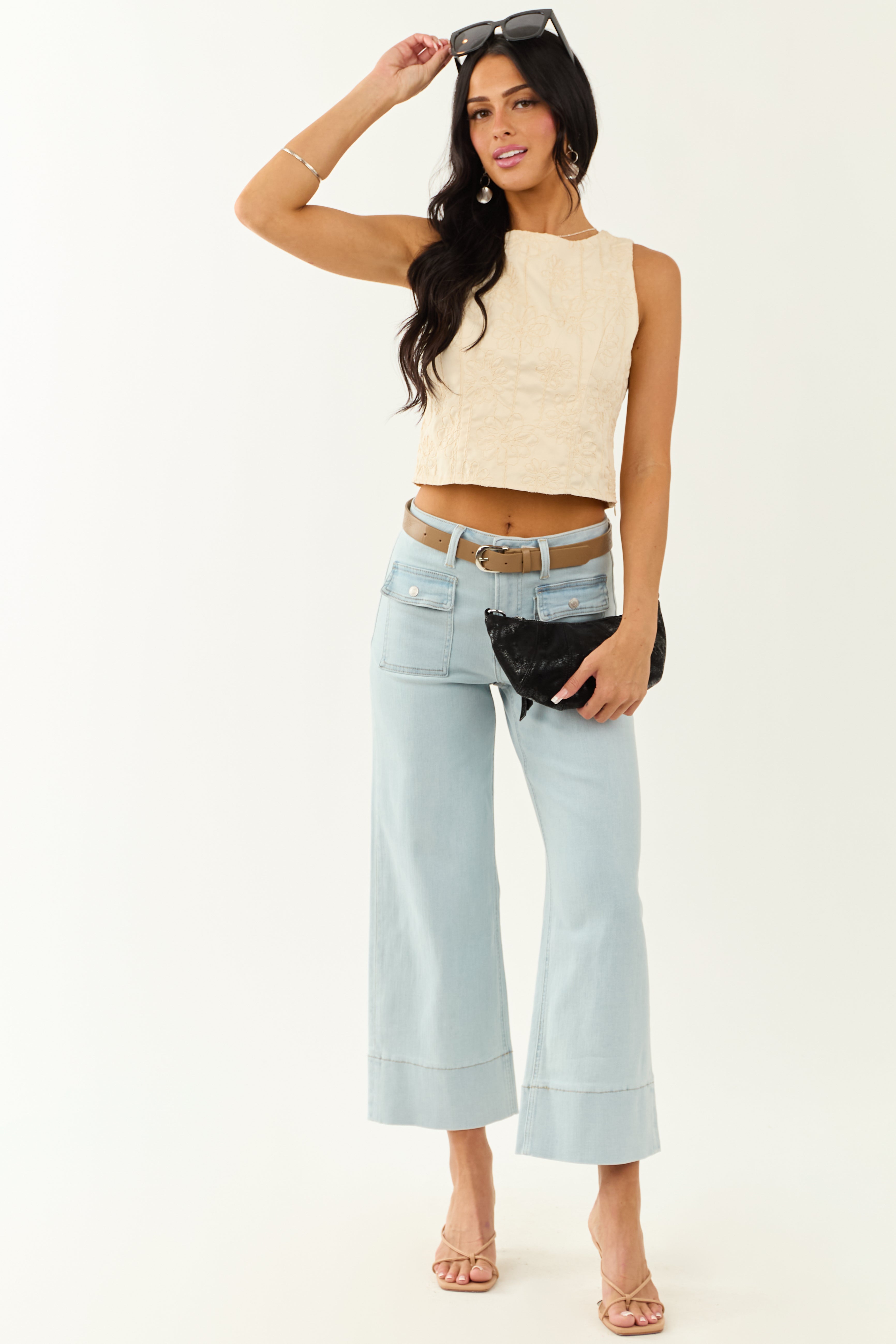 Lovelo Cream Raised Embroidery Cropped Tank Top