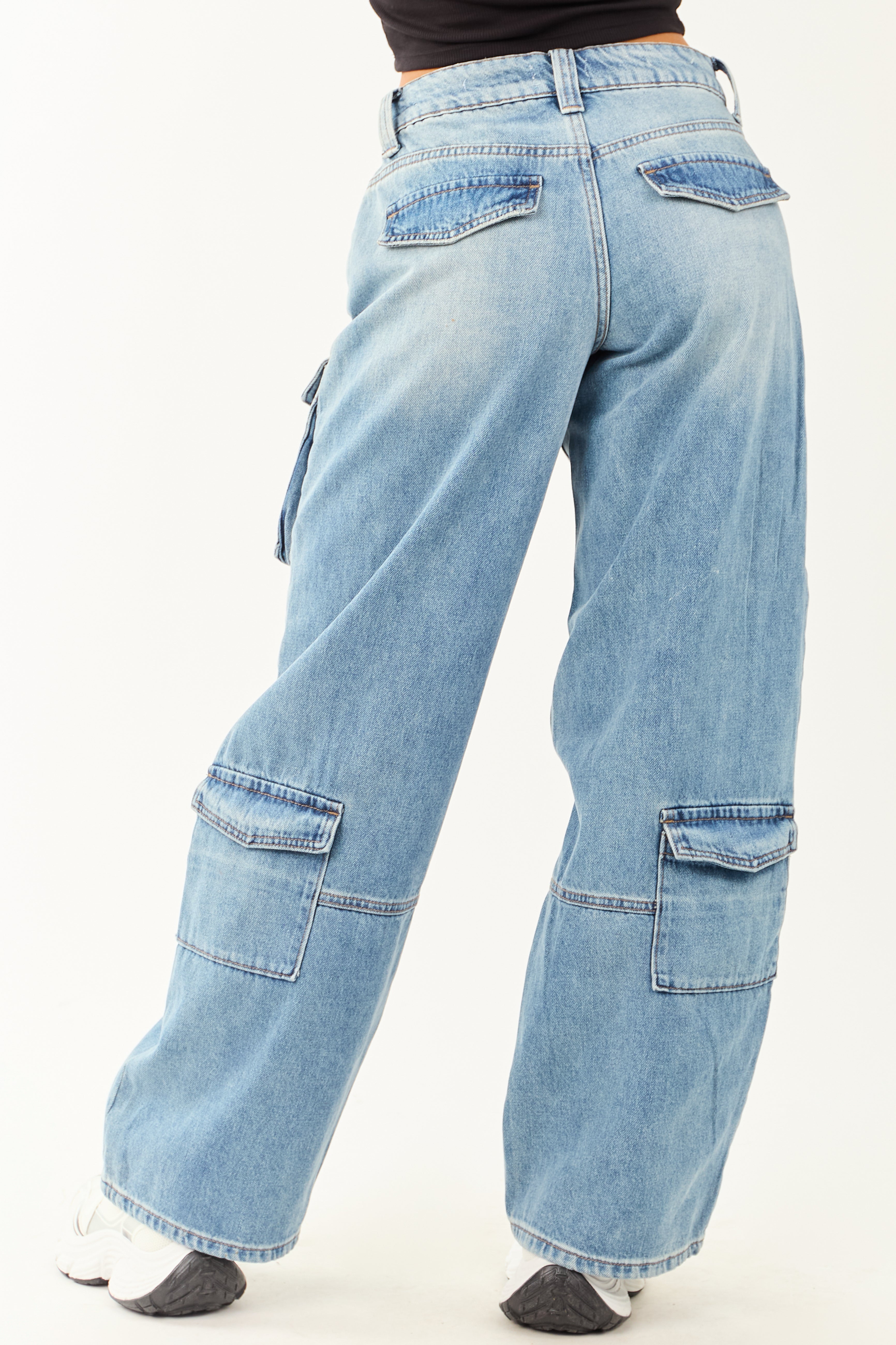 Cello Medium Wash High Rise Distressed Cargo Jeans