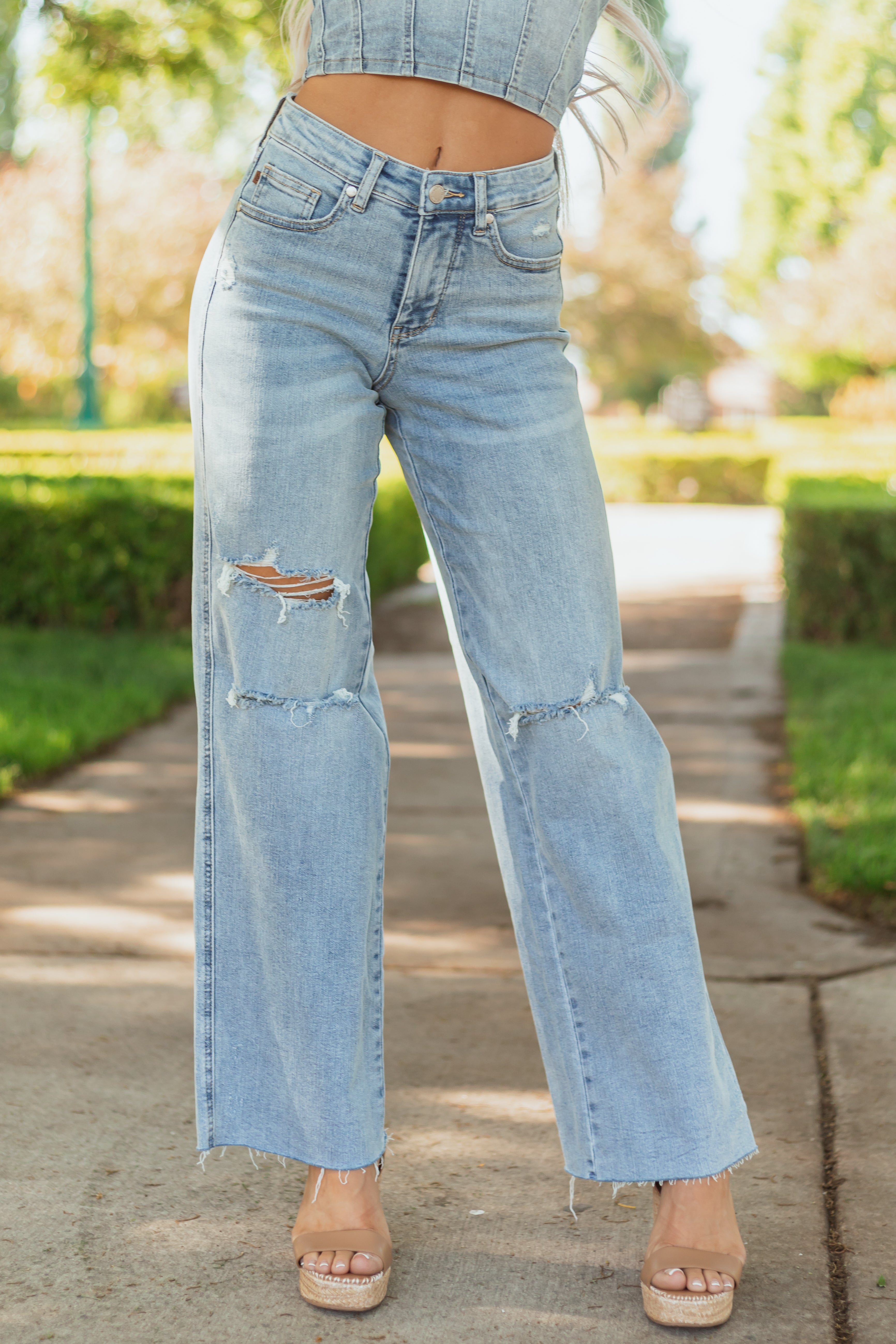 Judy Blue Tummy Control Distressed Stretchy Wide Jeans