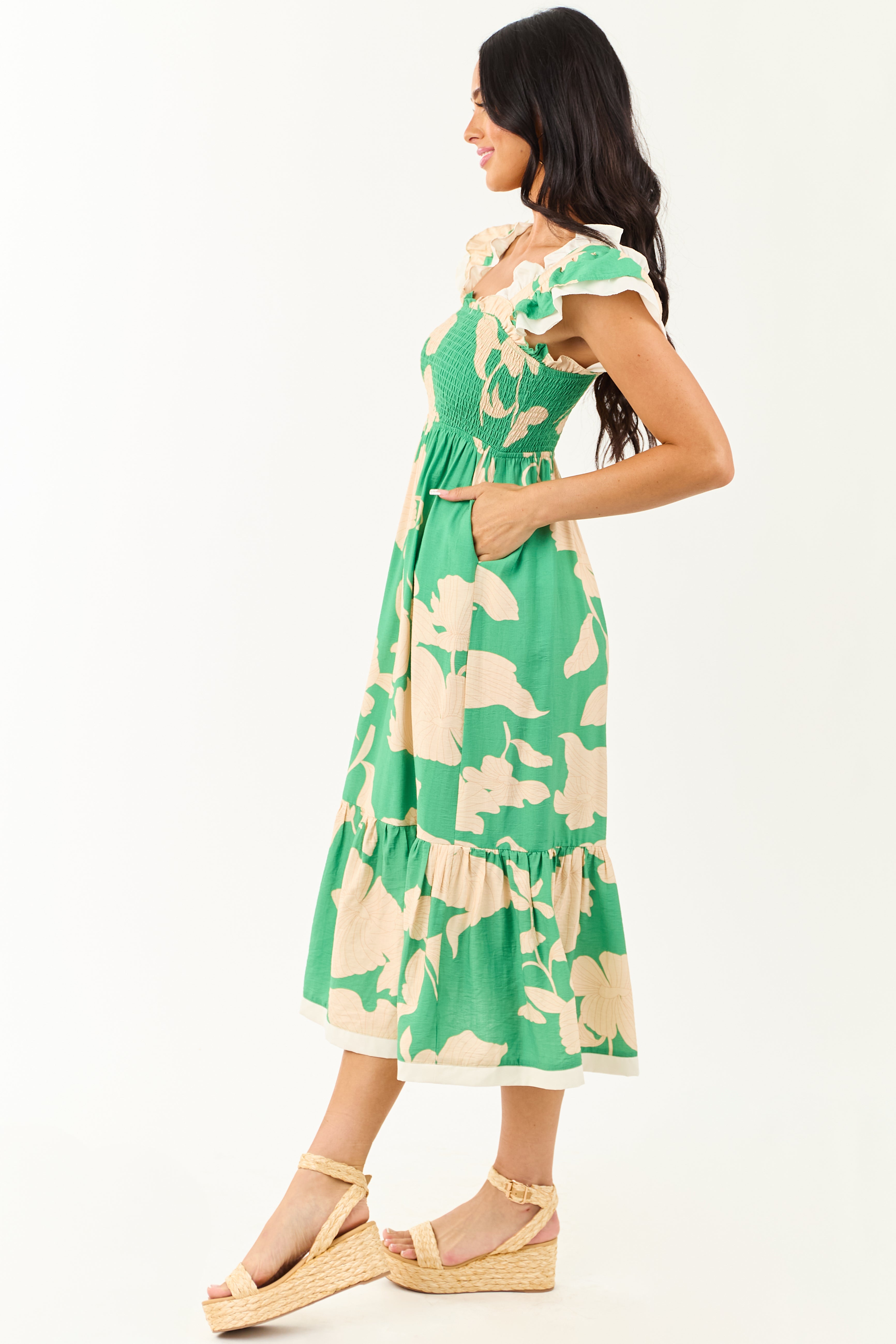 Kelly Green and Cream Floral Print Smocked Midi Dress