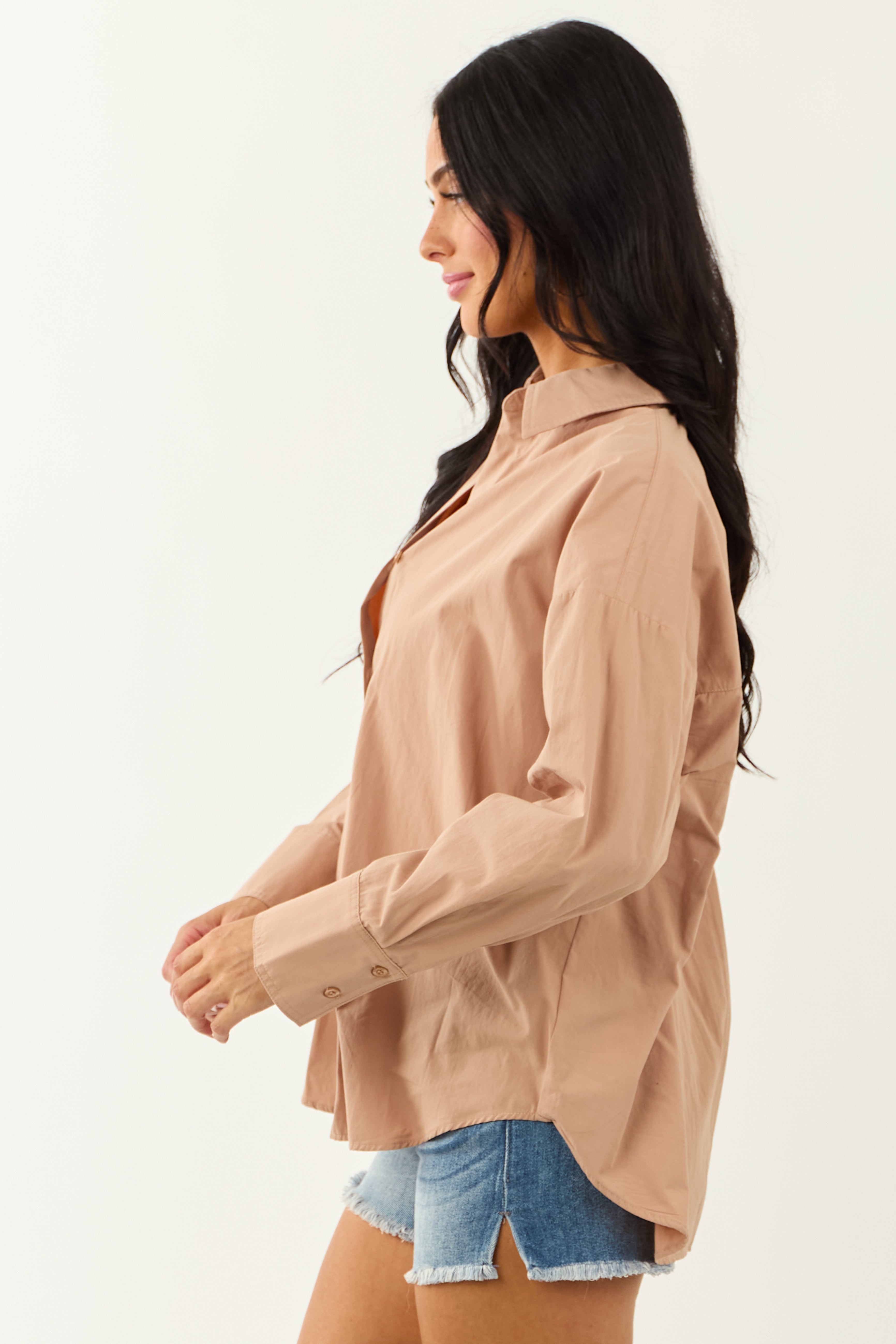 Latte Collared Button Down Cotton Long Sleeve Top