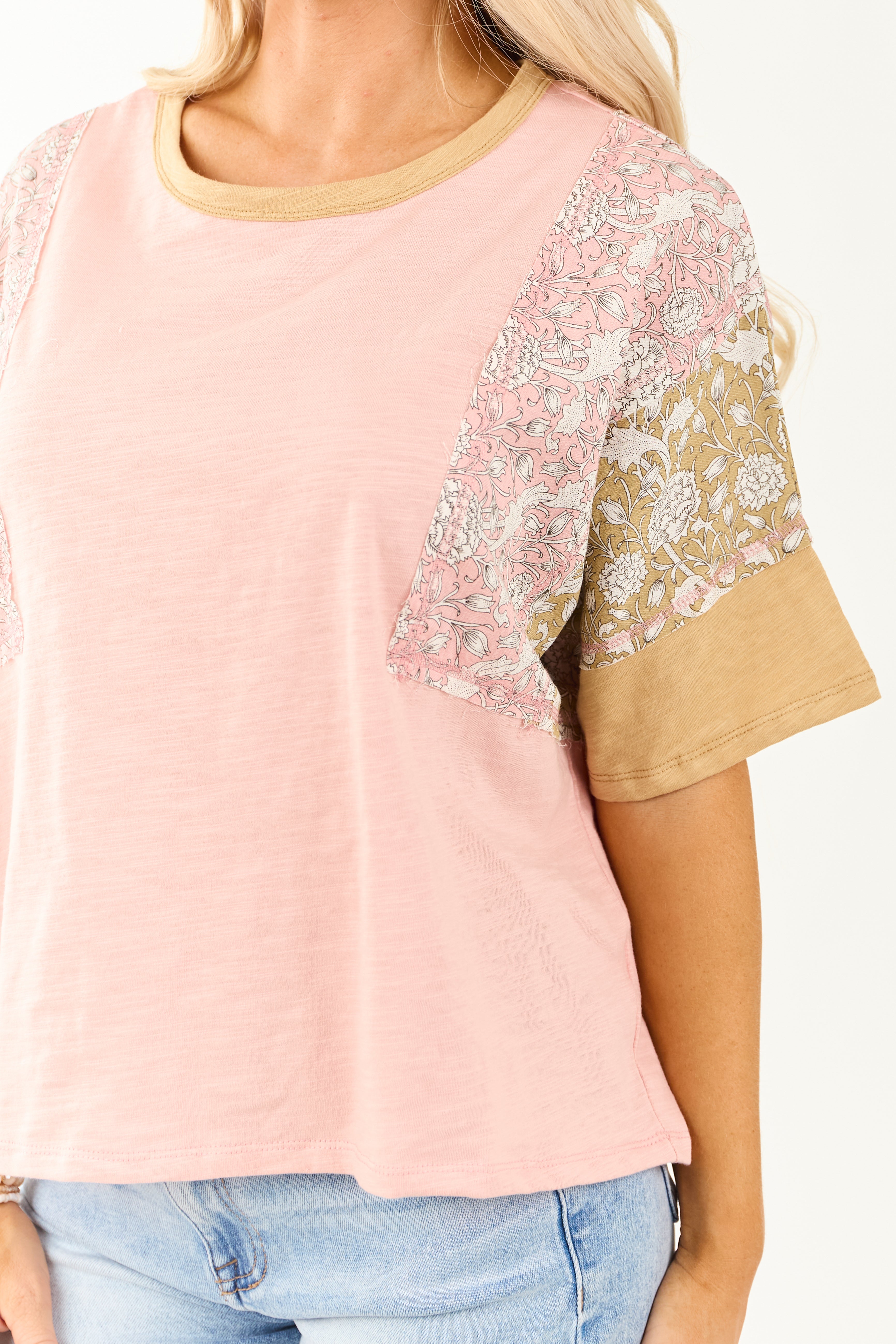 Baby Pink Patchwork Relaxed Half Sleeve Cotton Top
