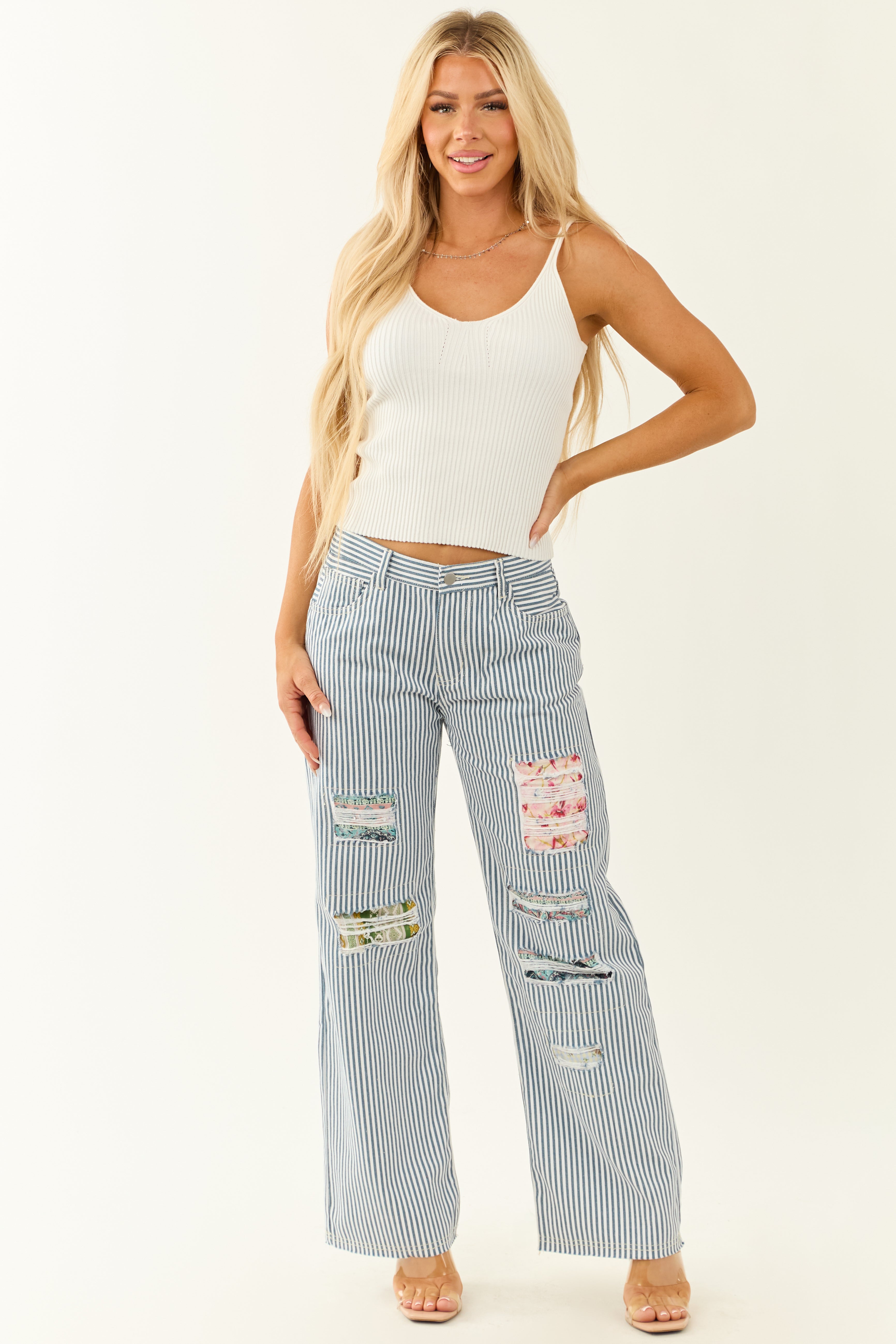 POL Ocean Railroad Stripe Patchwork Straight Leg Pants