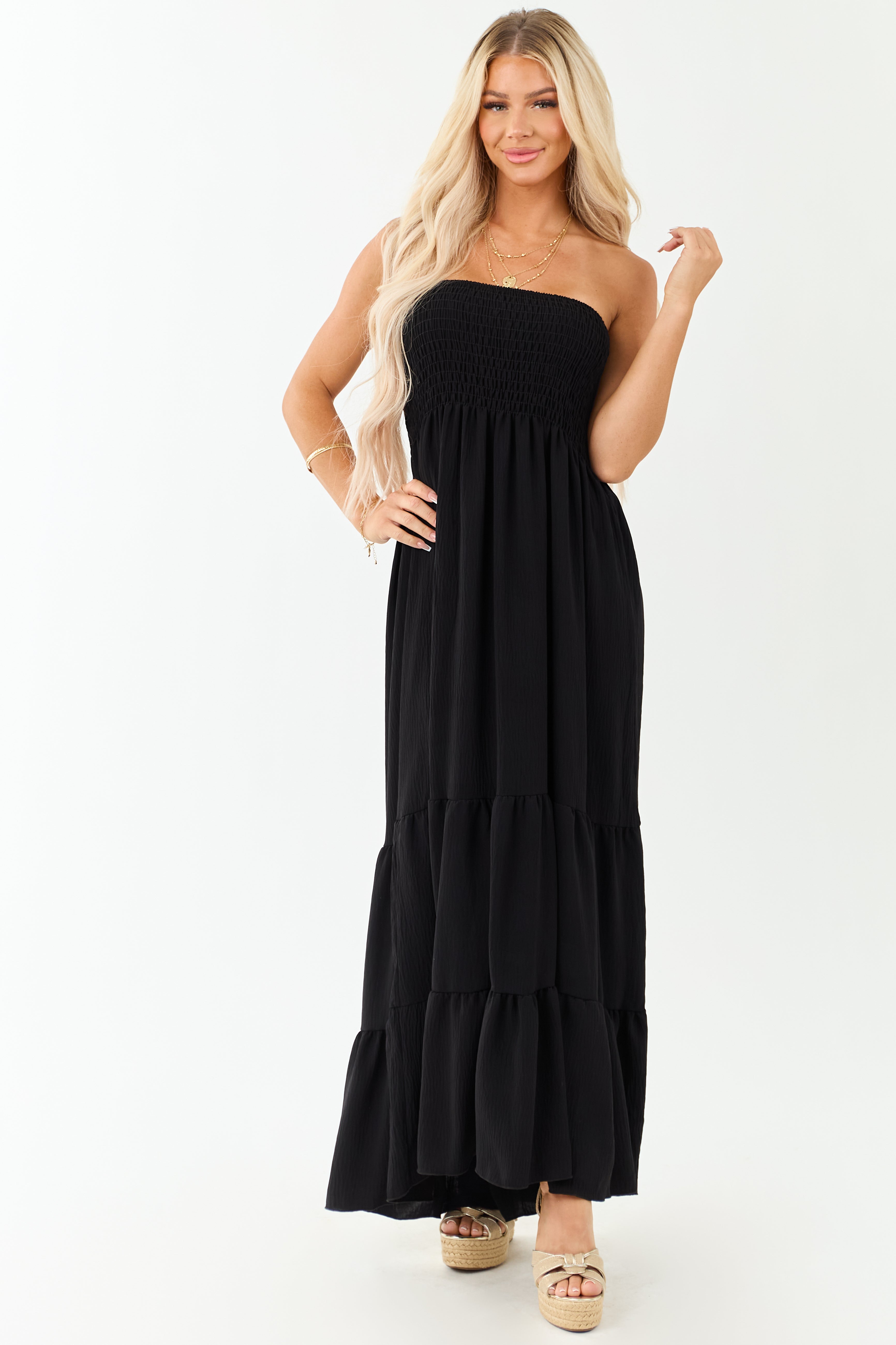 Black Smocked Tiered Strapless Maxi Dress