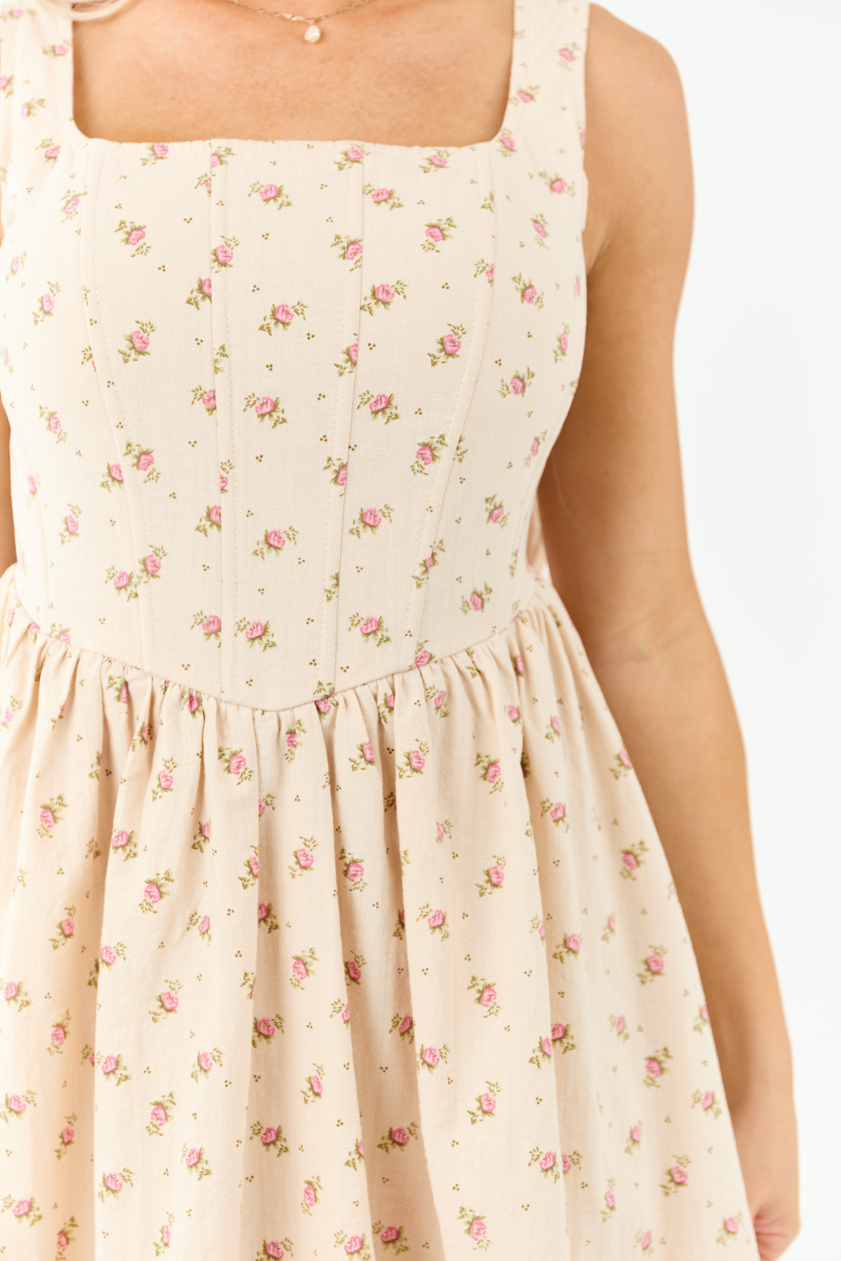 Sand Ditsy Floral Corset Cotton Mini Dress