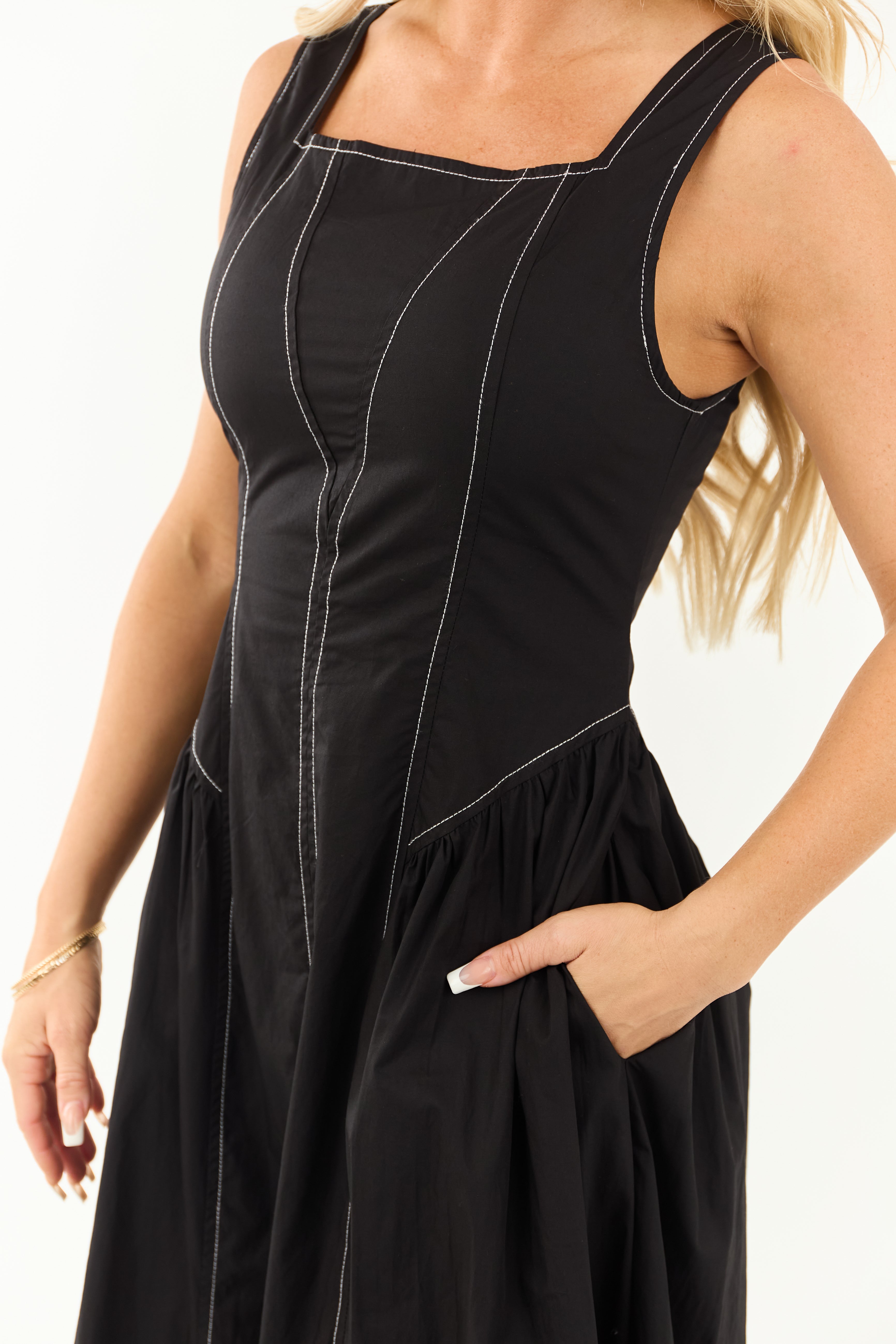 Entro Black Contrast Stitch Cotton Midi Dress