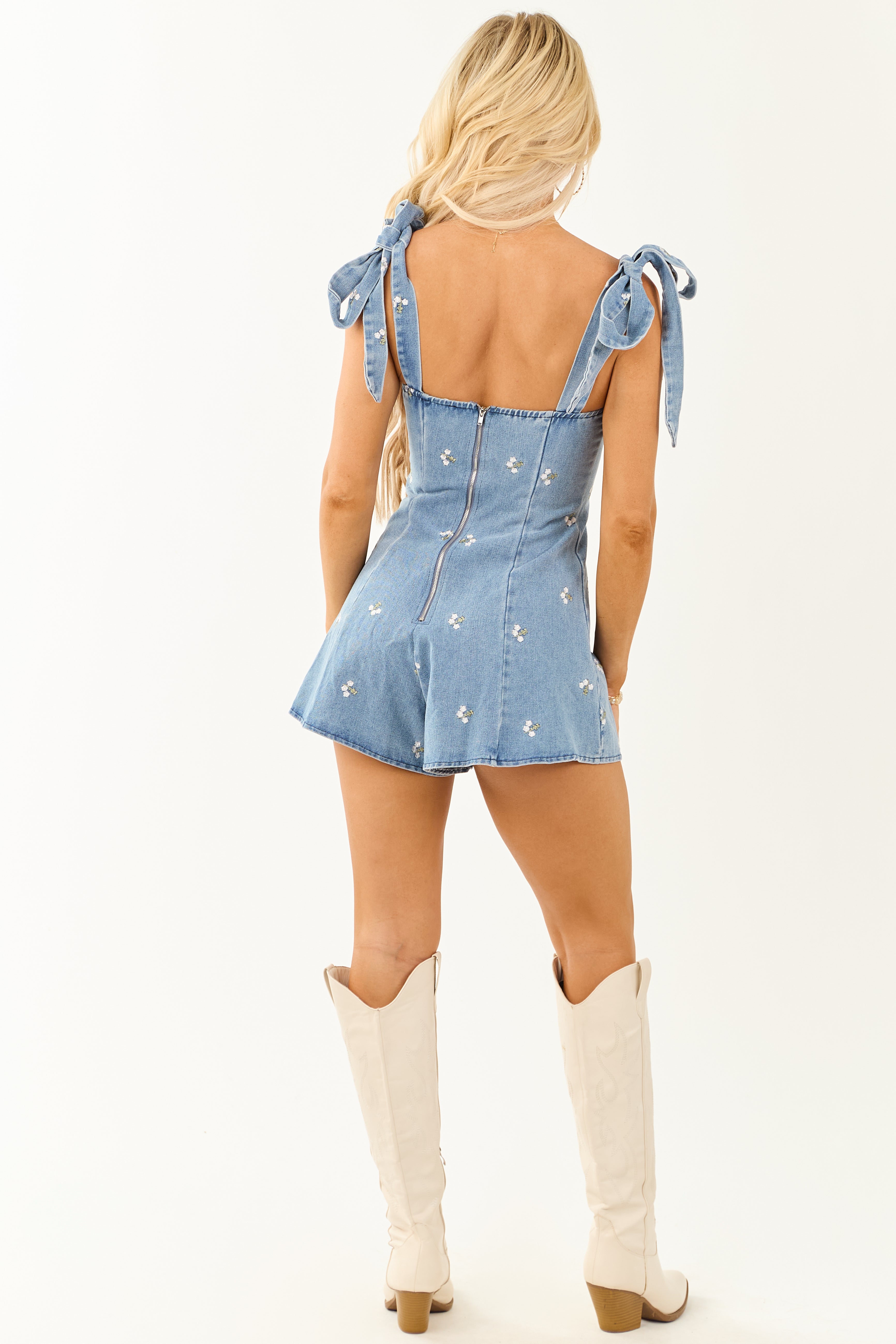 Medium Wash Denim Floral Embroidered Romper