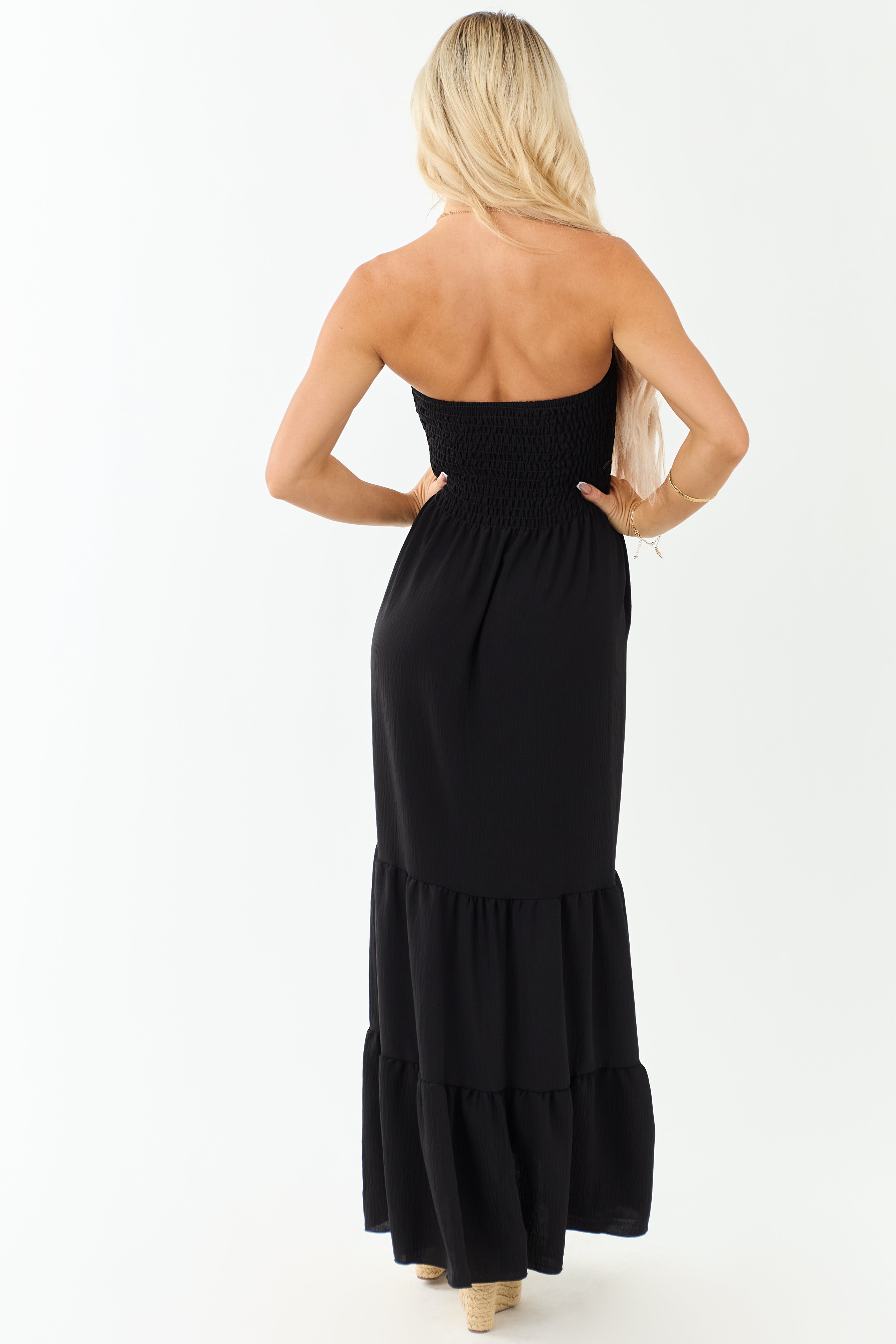 Black Smocked Tiered Strapless Maxi Dress