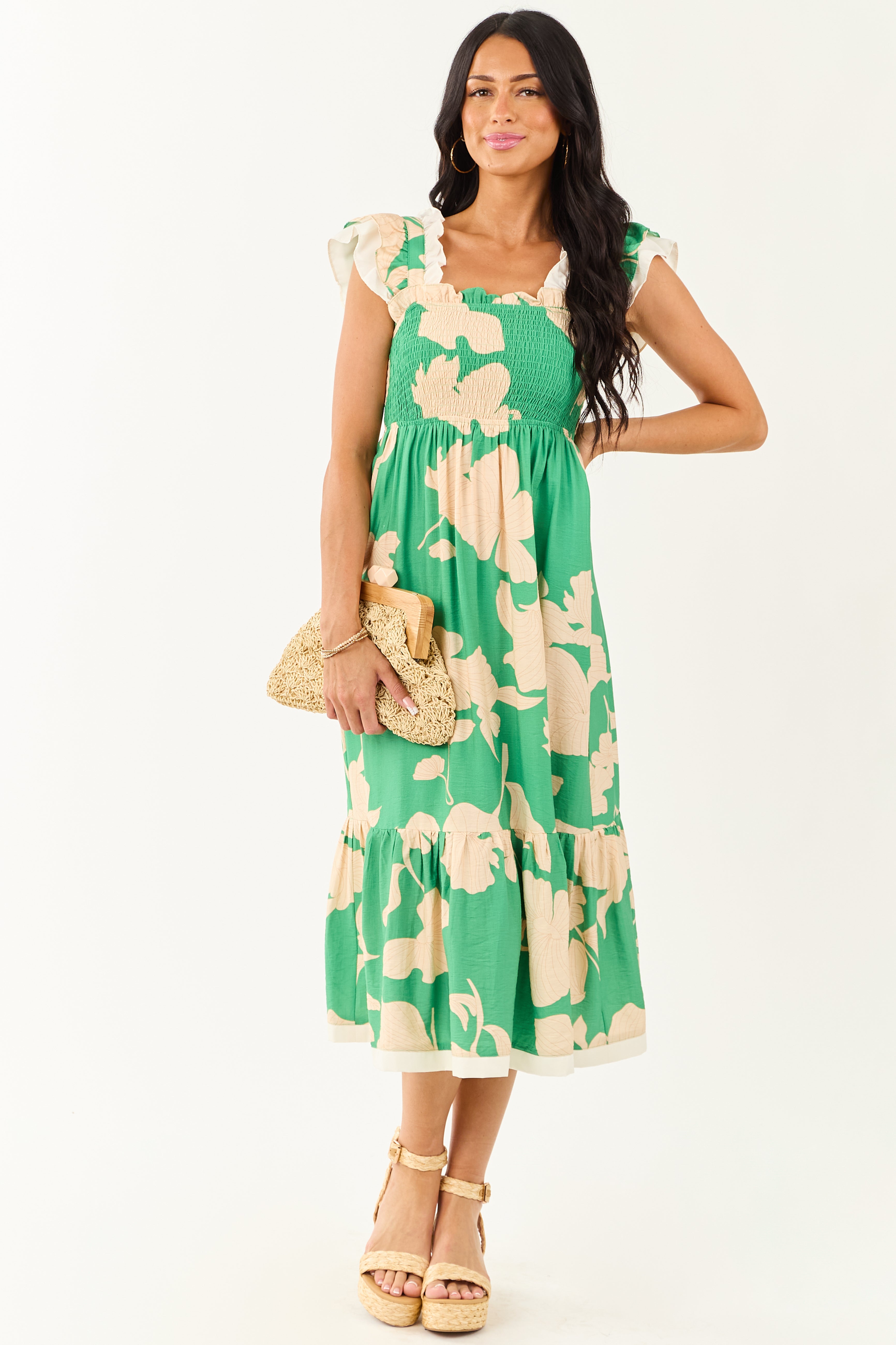 Kelly Green and Cream Floral Print Smocked Midi Dress