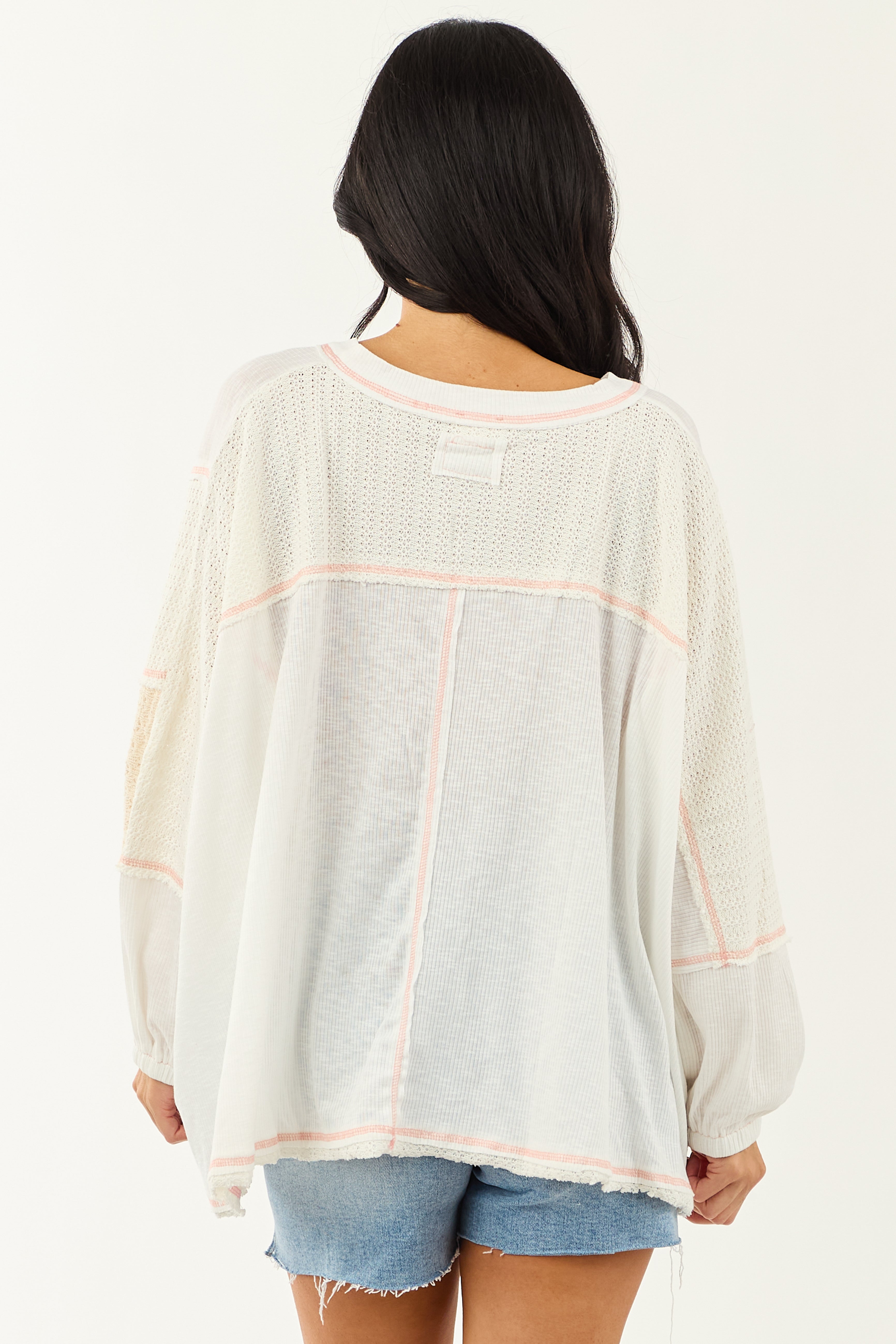 POL Off White and Cream Contrast Knit Relaxed Top