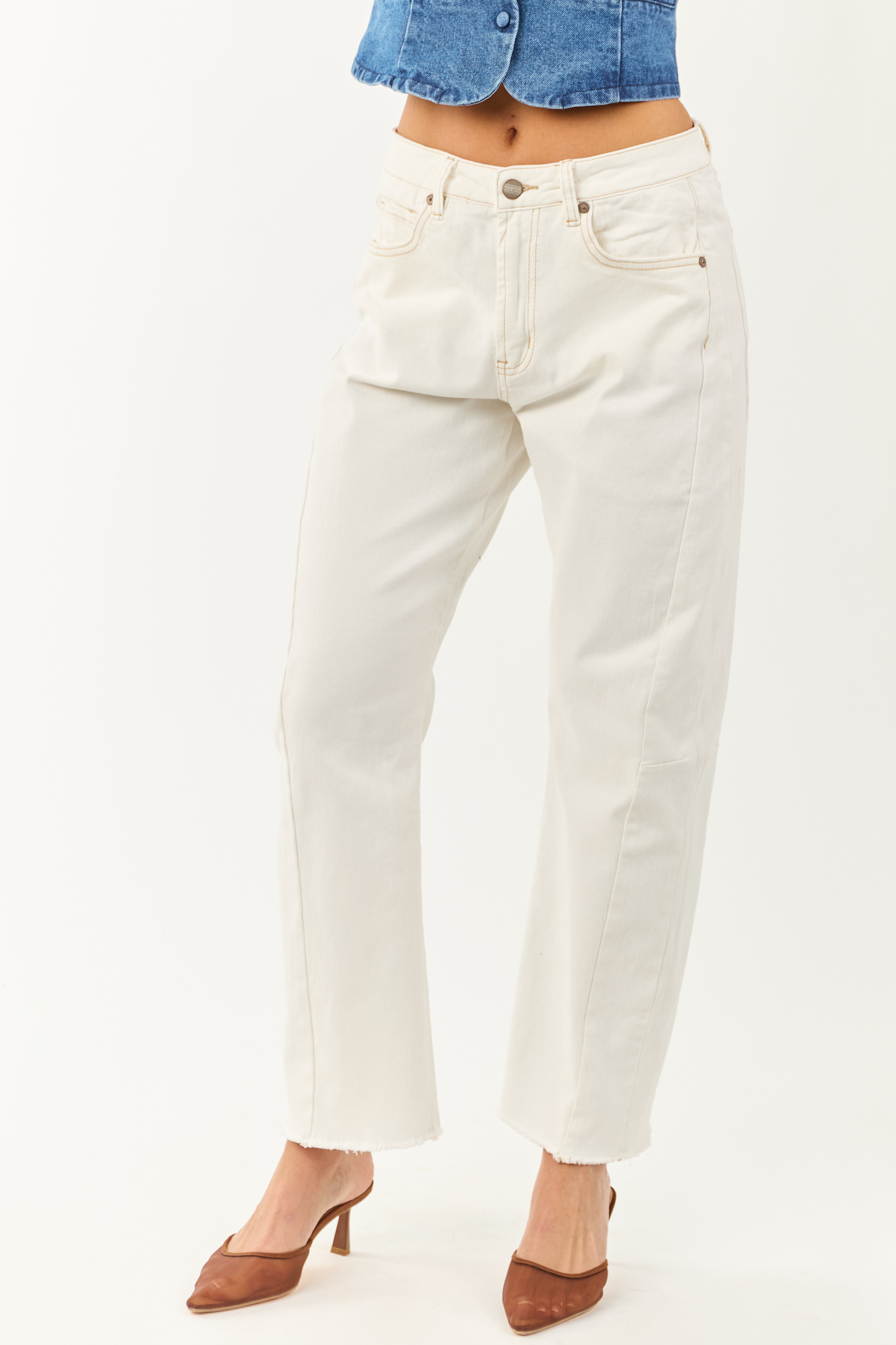 Mica Denim Off White High Rise Stretchy Barrel Jeans