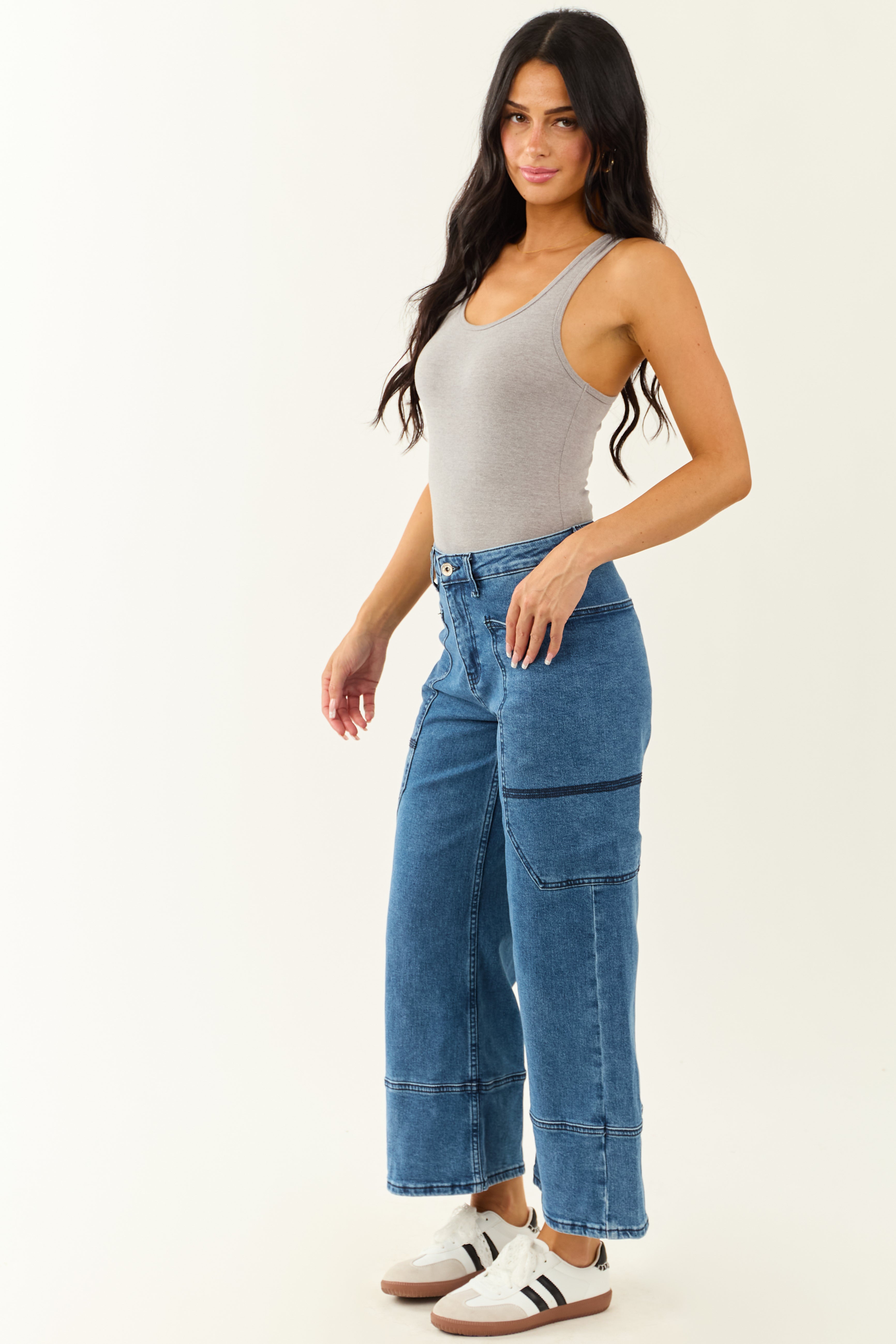 Saige Dark Wash Wide Leg Stretchy Wrap Pocket Jeans