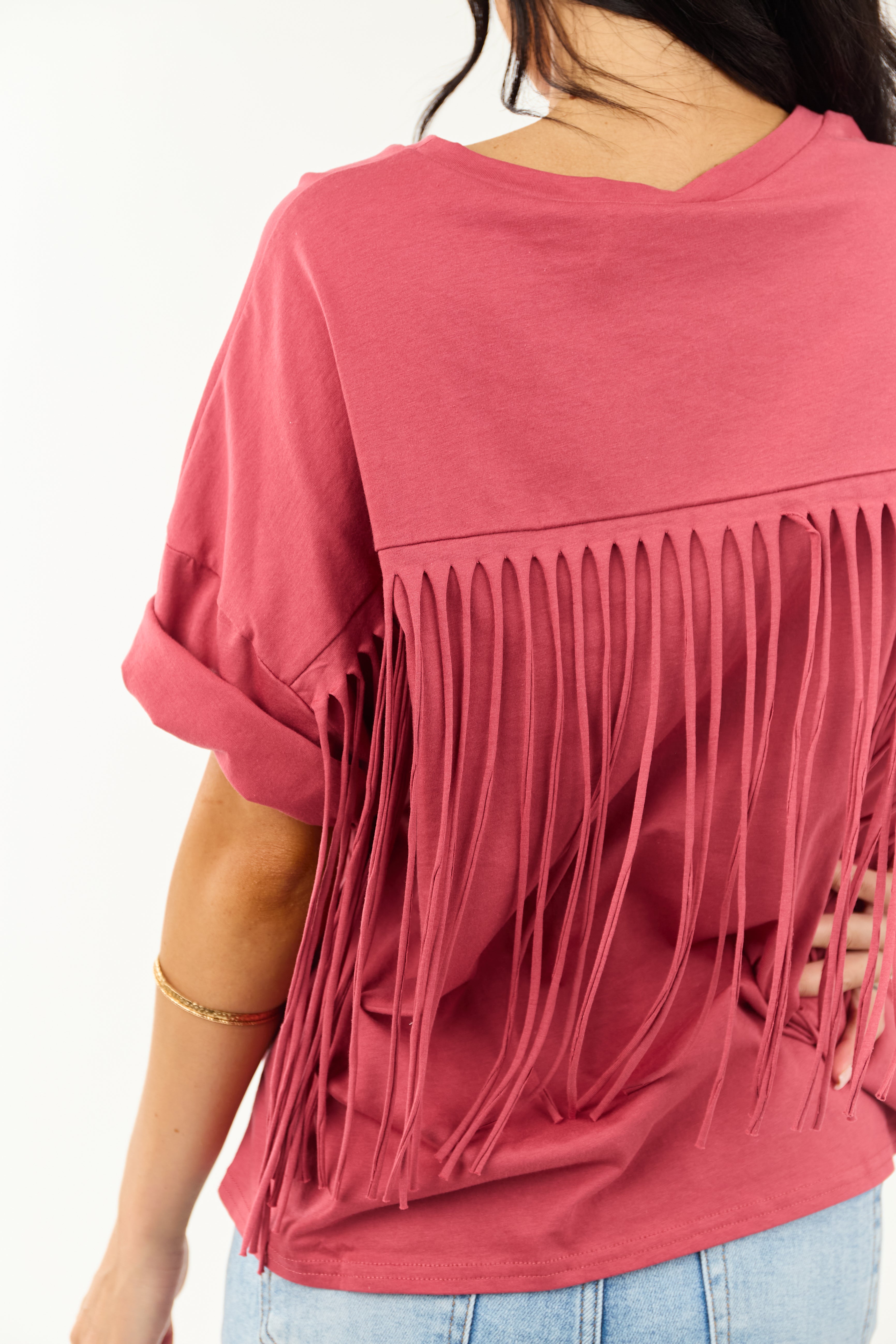 Marsala Half Sleeve Cotton Back Fringe Top