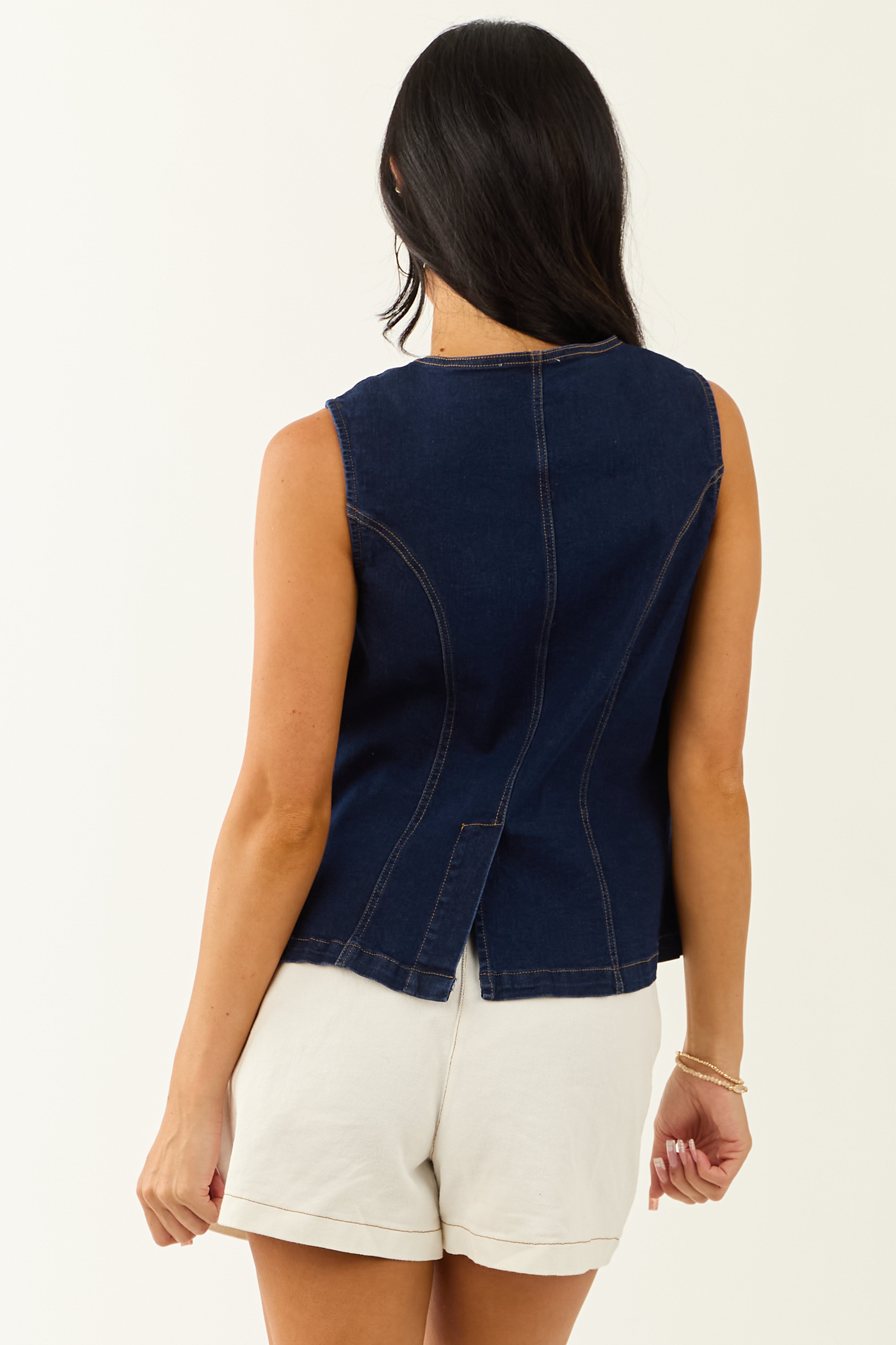 She+Sky Dark Wash Stretchy Denim Button Down Vest