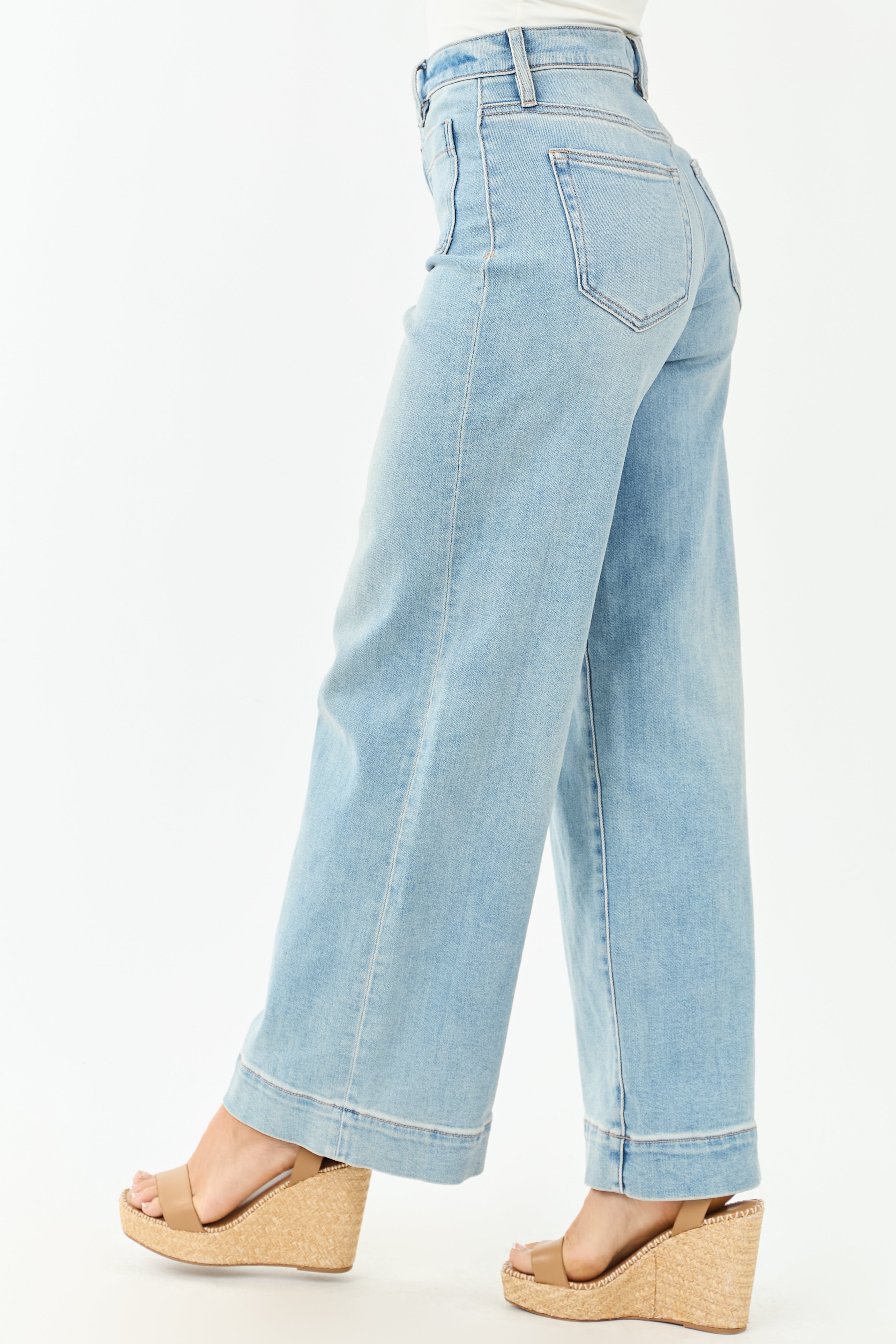 Hidden Light Wash Patch Pocket Stretchy Wide Leg Jeans