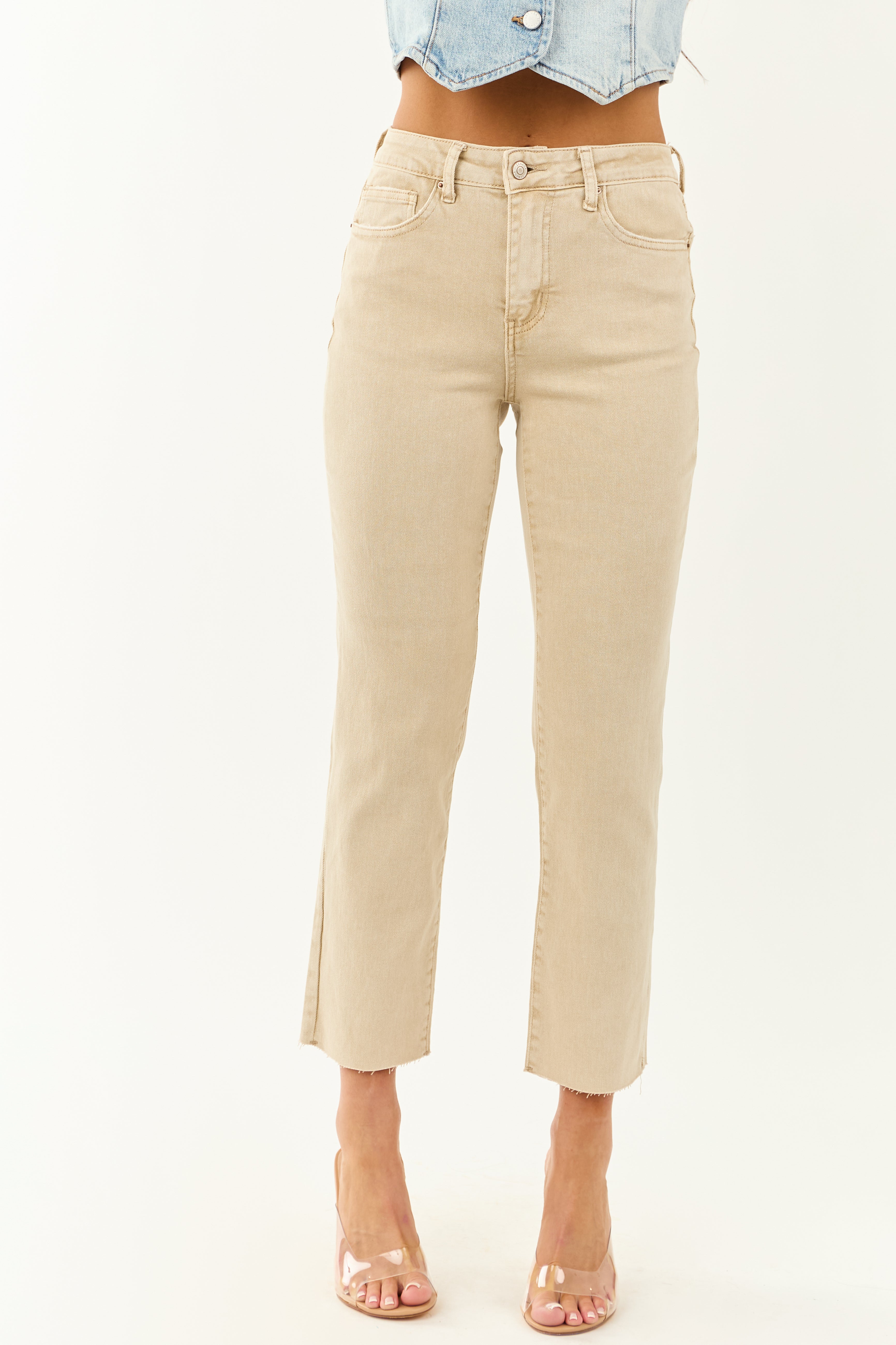 Beige Cropped High Rise Stretchy Straight Jeans