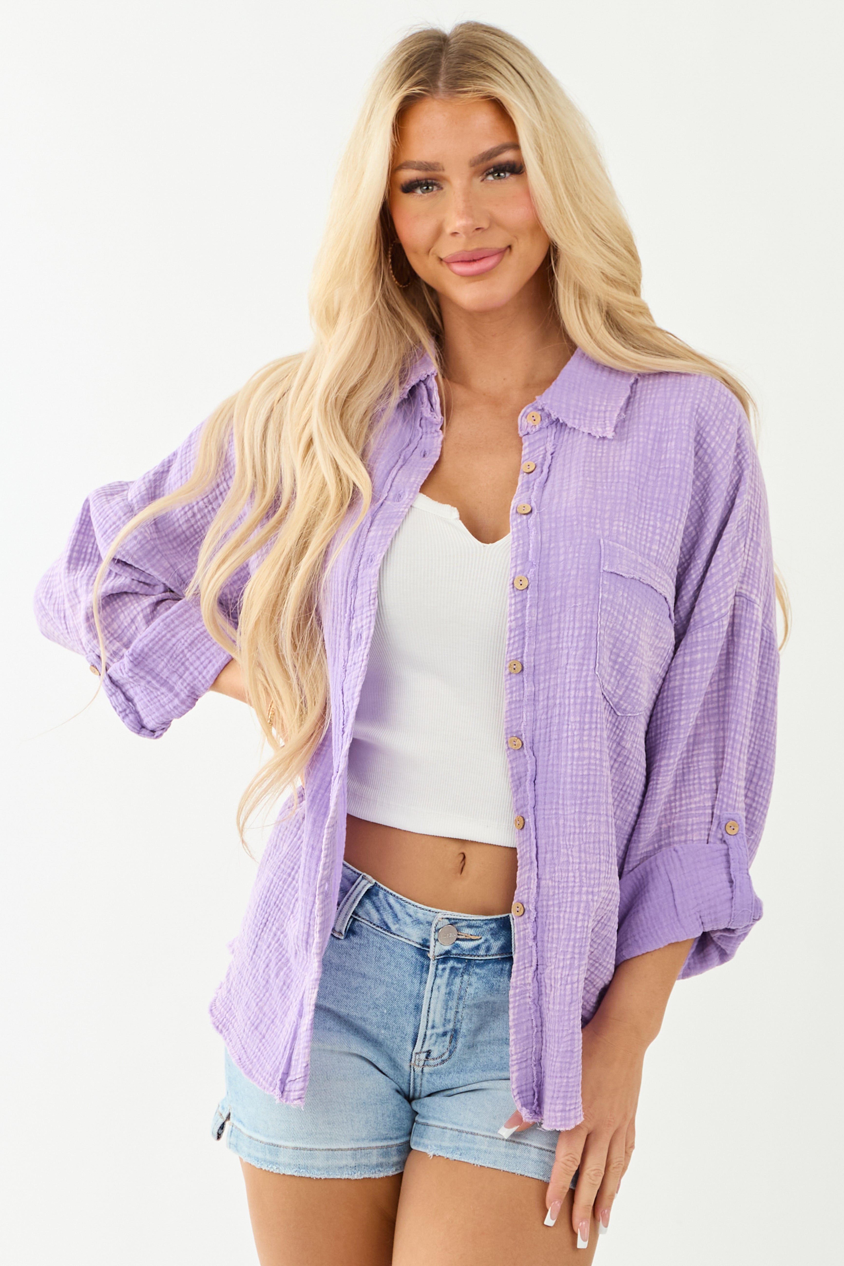 Iris Washed Double Gauze Cotton Button Down Top