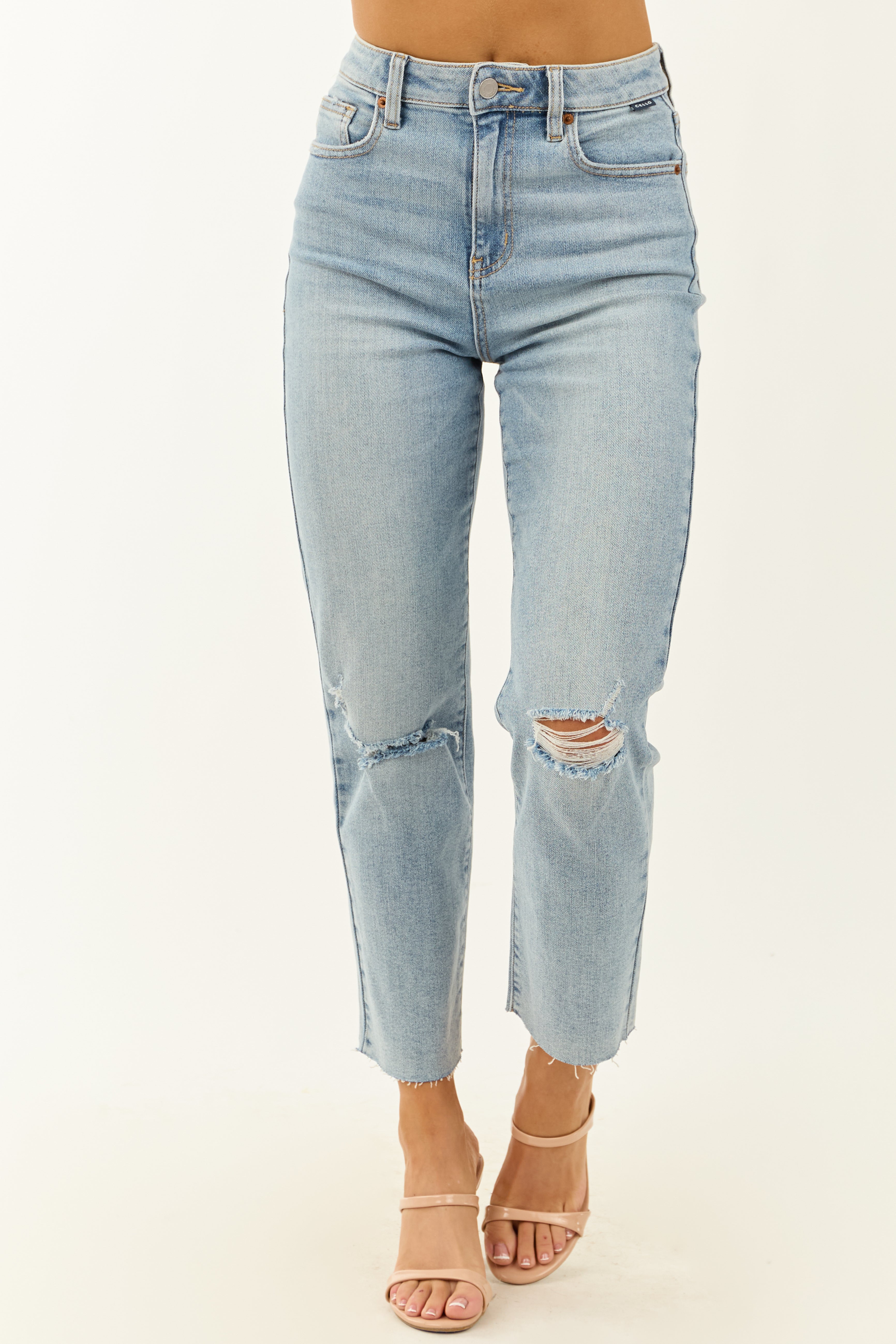 Cello Light Wash Stretchy Distressed Straight Jeans