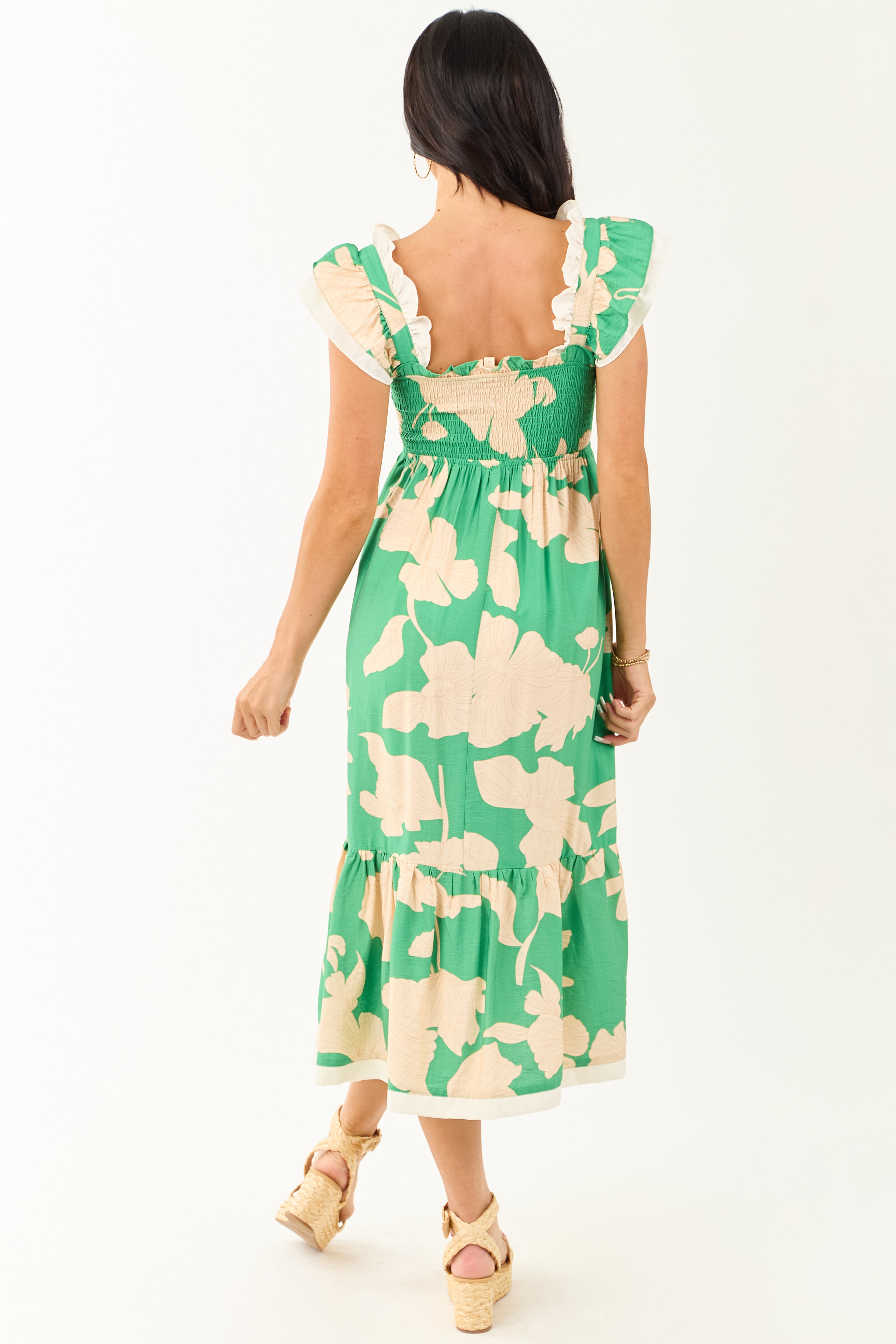 Kelly Green and Cream Floral Print Smocked Midi Dress