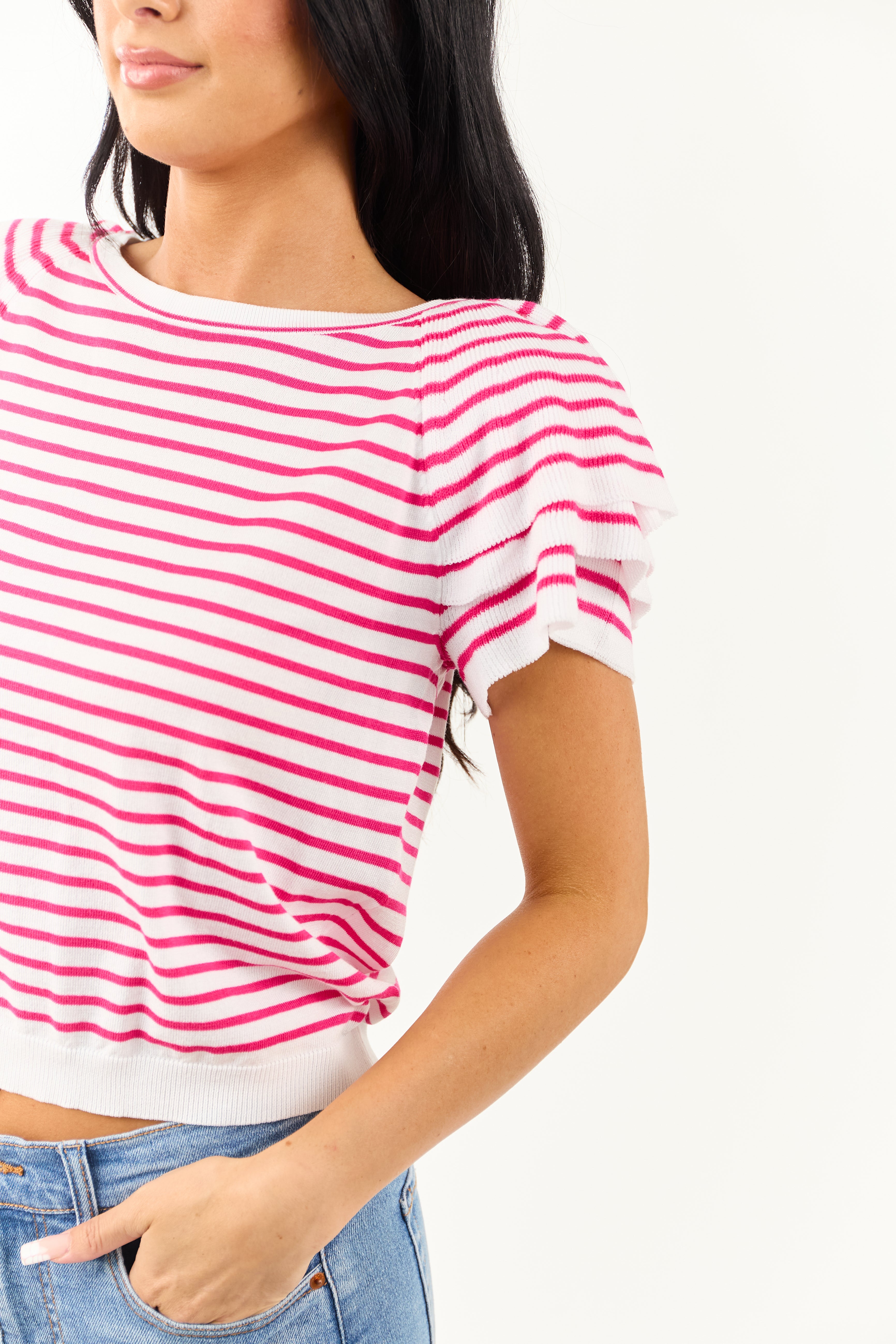 Off White and Raspberry Striped Short Sleeve Top