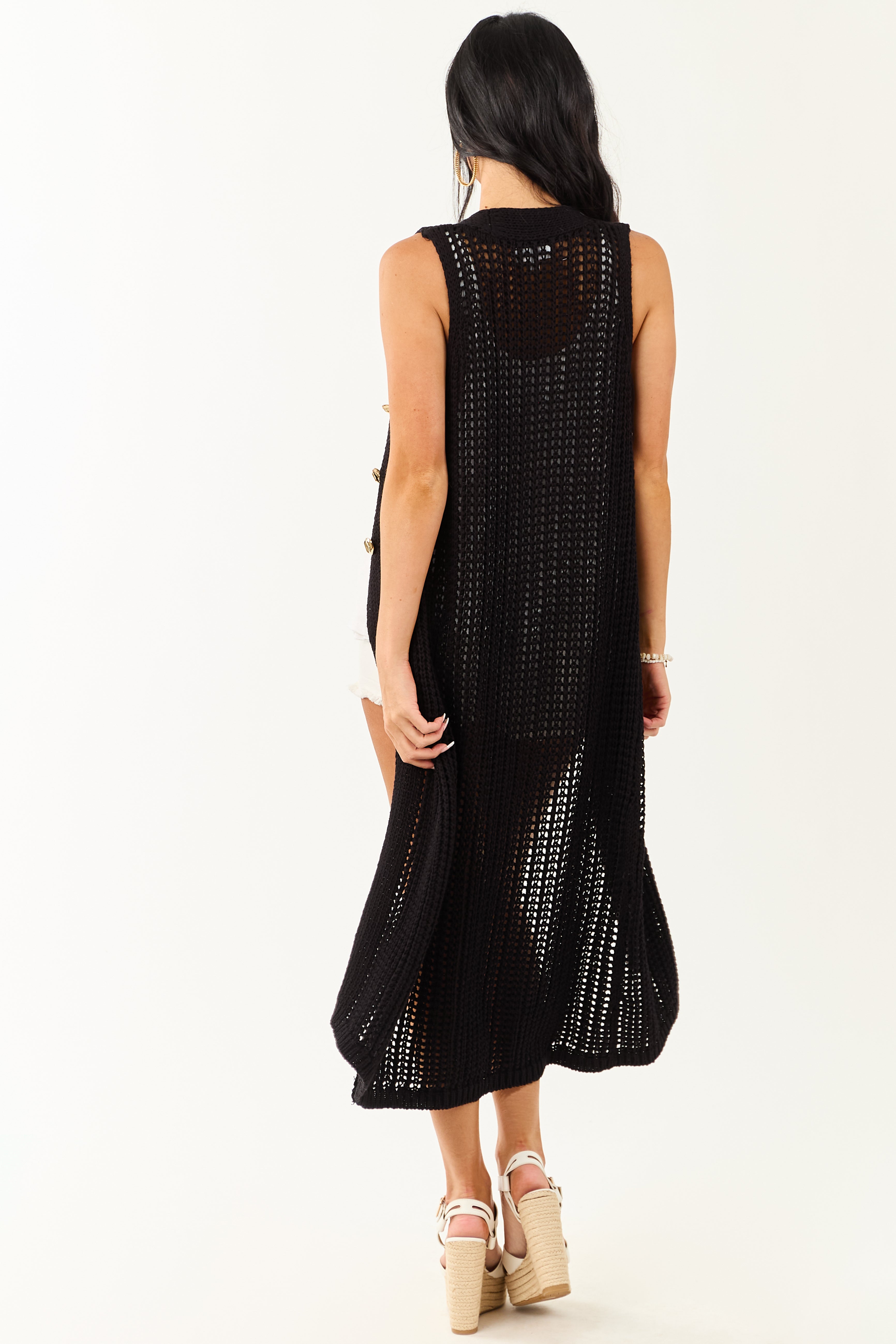 Black Open Knit Gold Buttoned Cotton Duster Vest