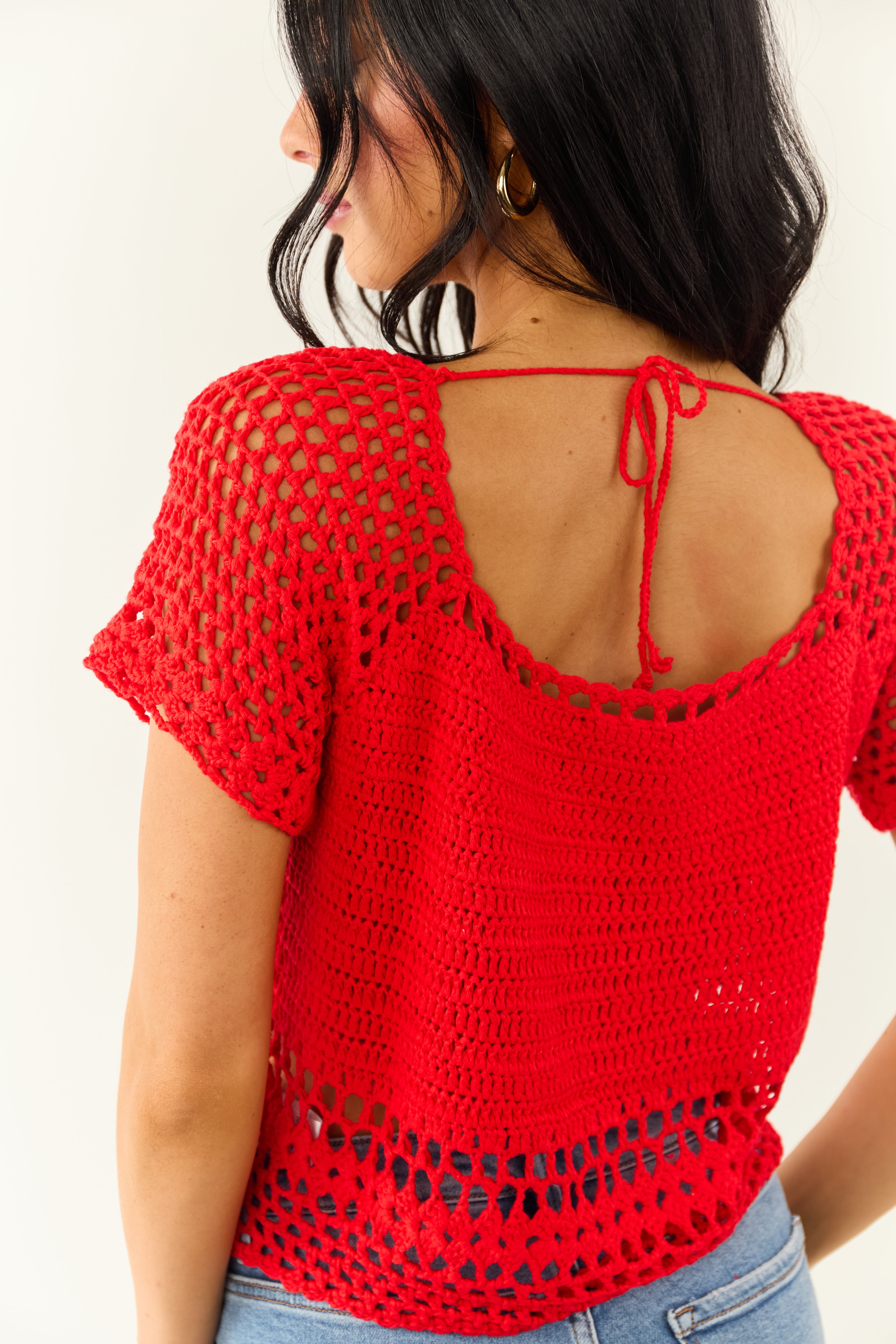 Lipstick Crochet Knit Short Sleeve Crop Top