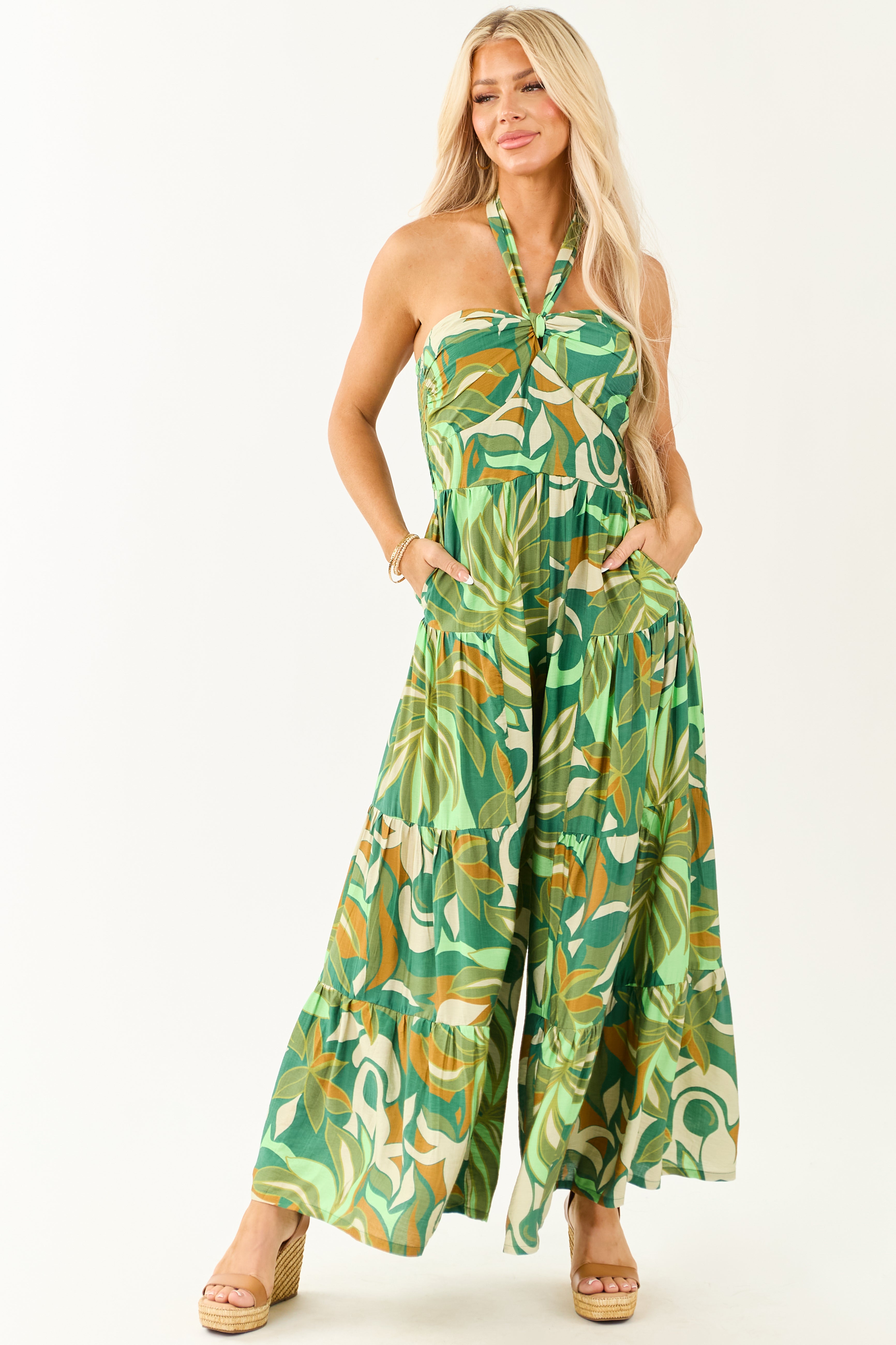 Kiwi Tropical Print Halter Front Tie Jumpsuit