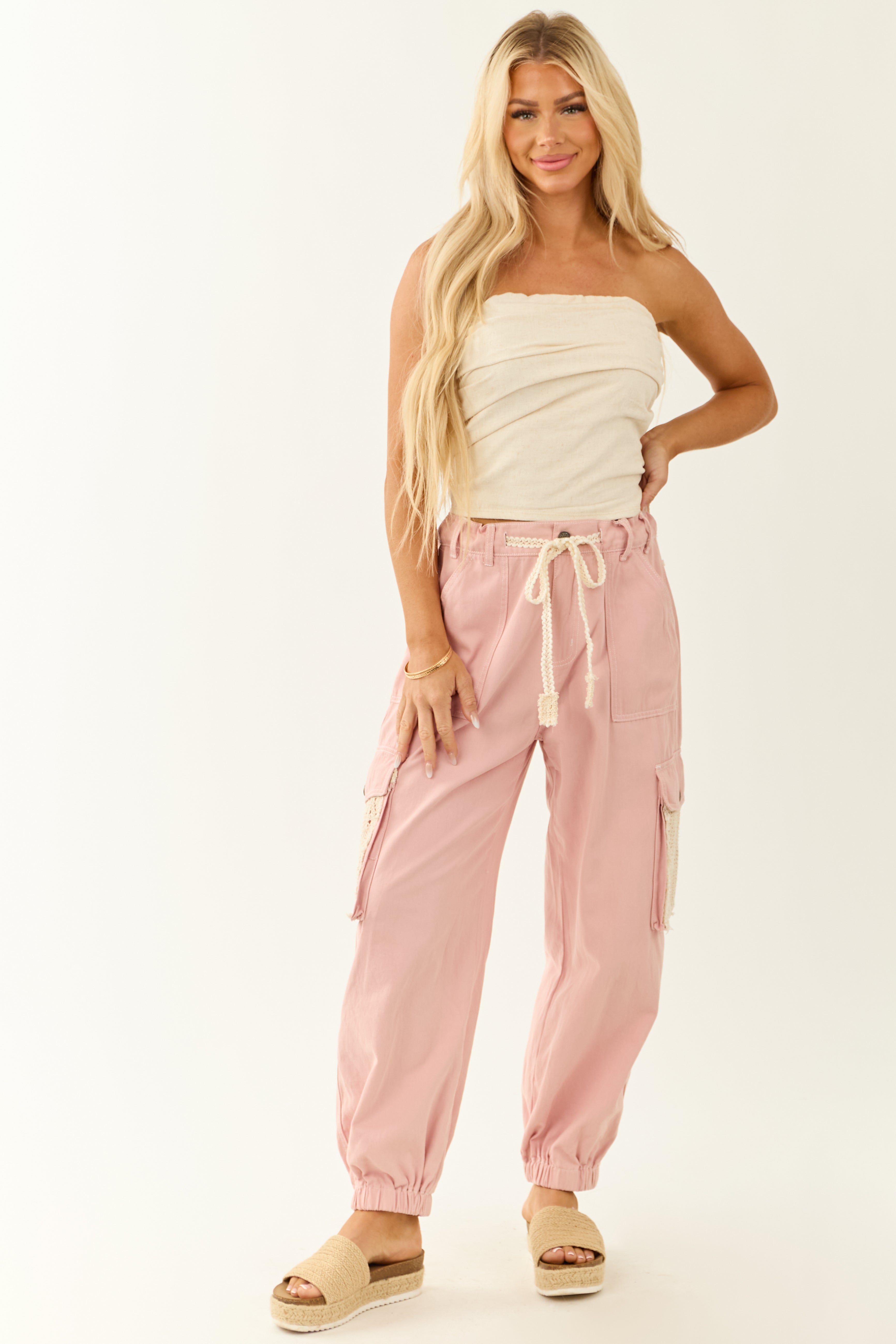 Almond Linen Blend Pleated Cropped Strapless Top