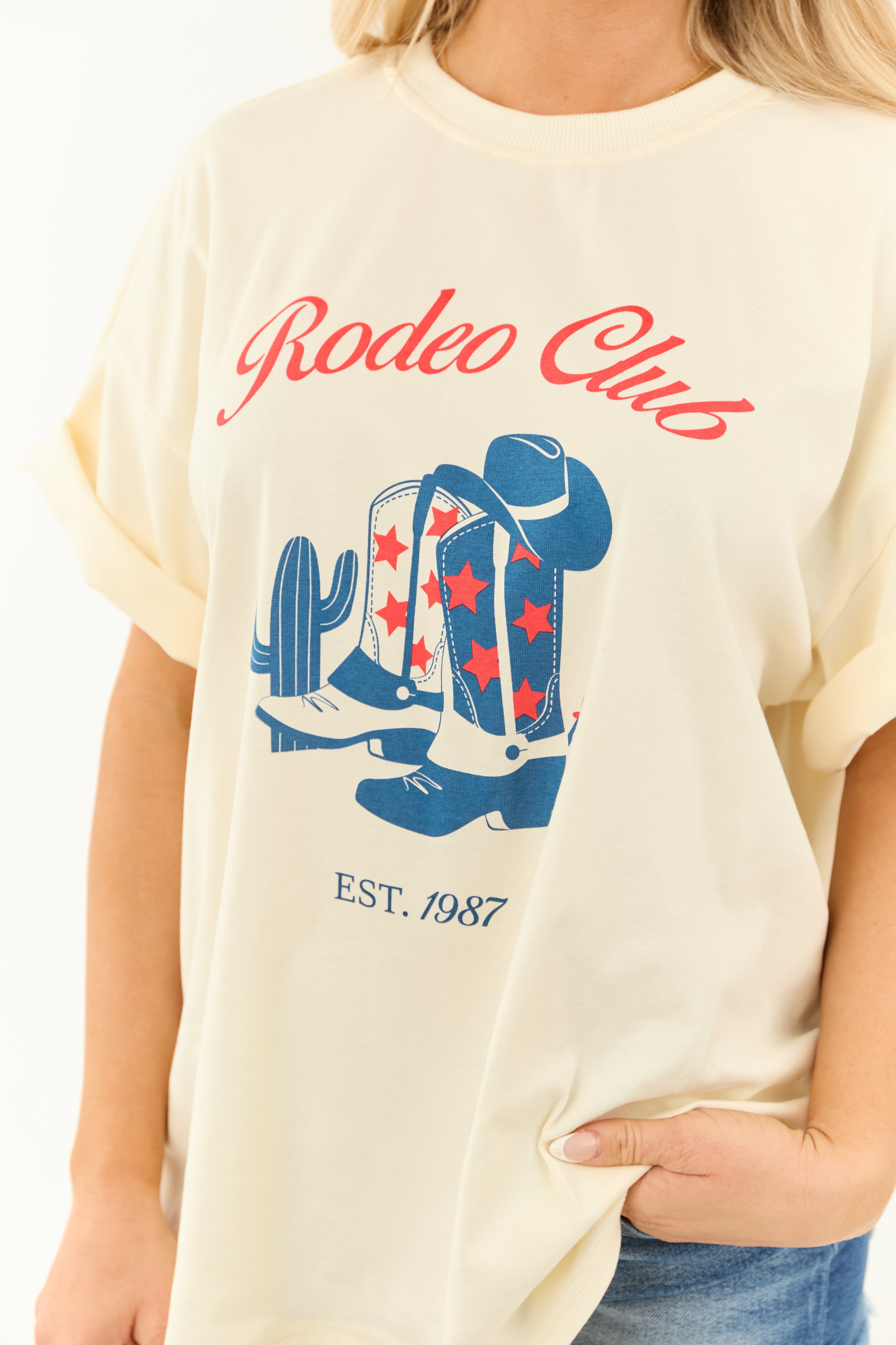 Cream Western Graphic Oversized Short Sleeve Top