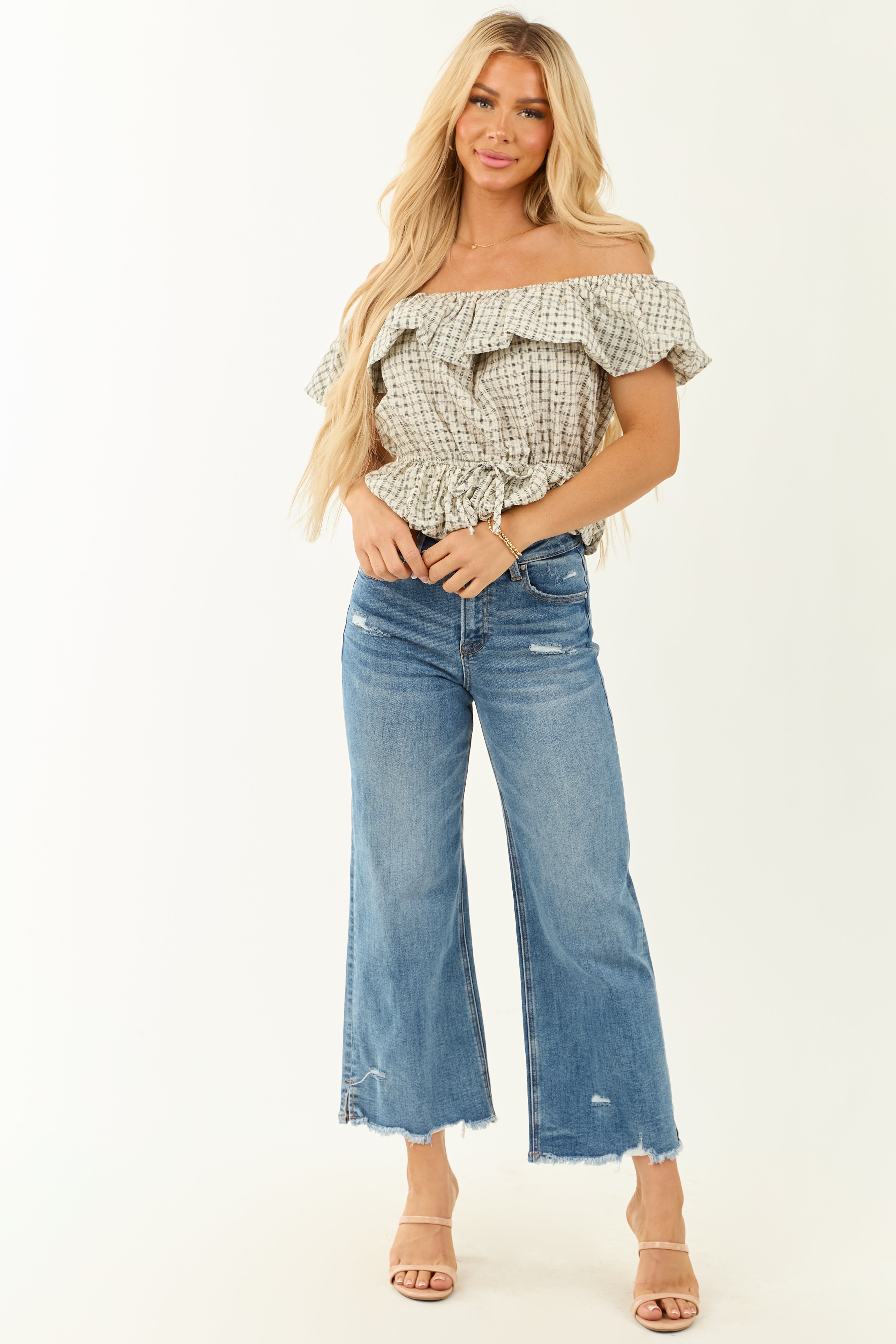 Cream Plaid Off Shoulder Peplum Bubble Hem Top