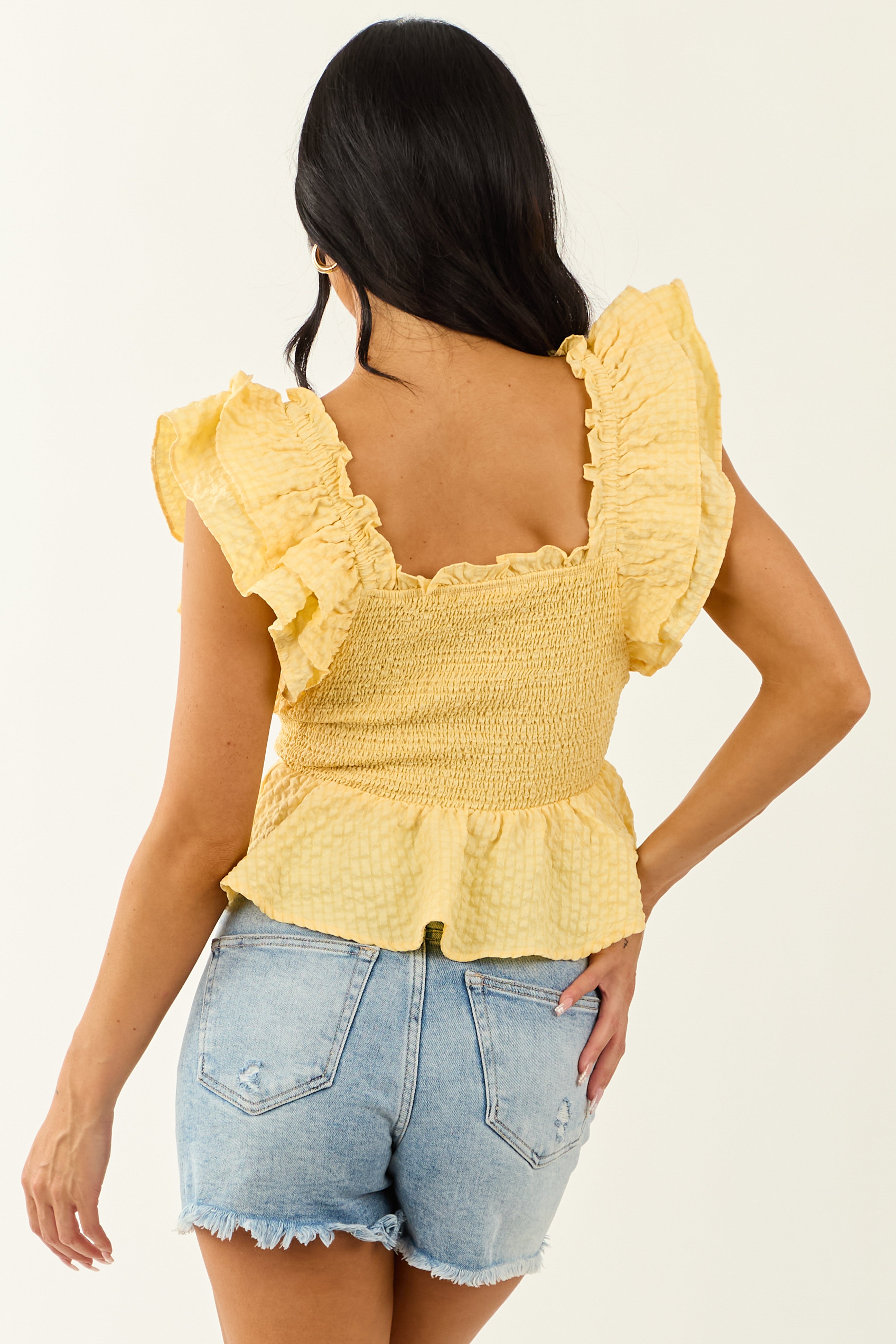 Entro Lemon Gingham Smocked Ruffle Top
