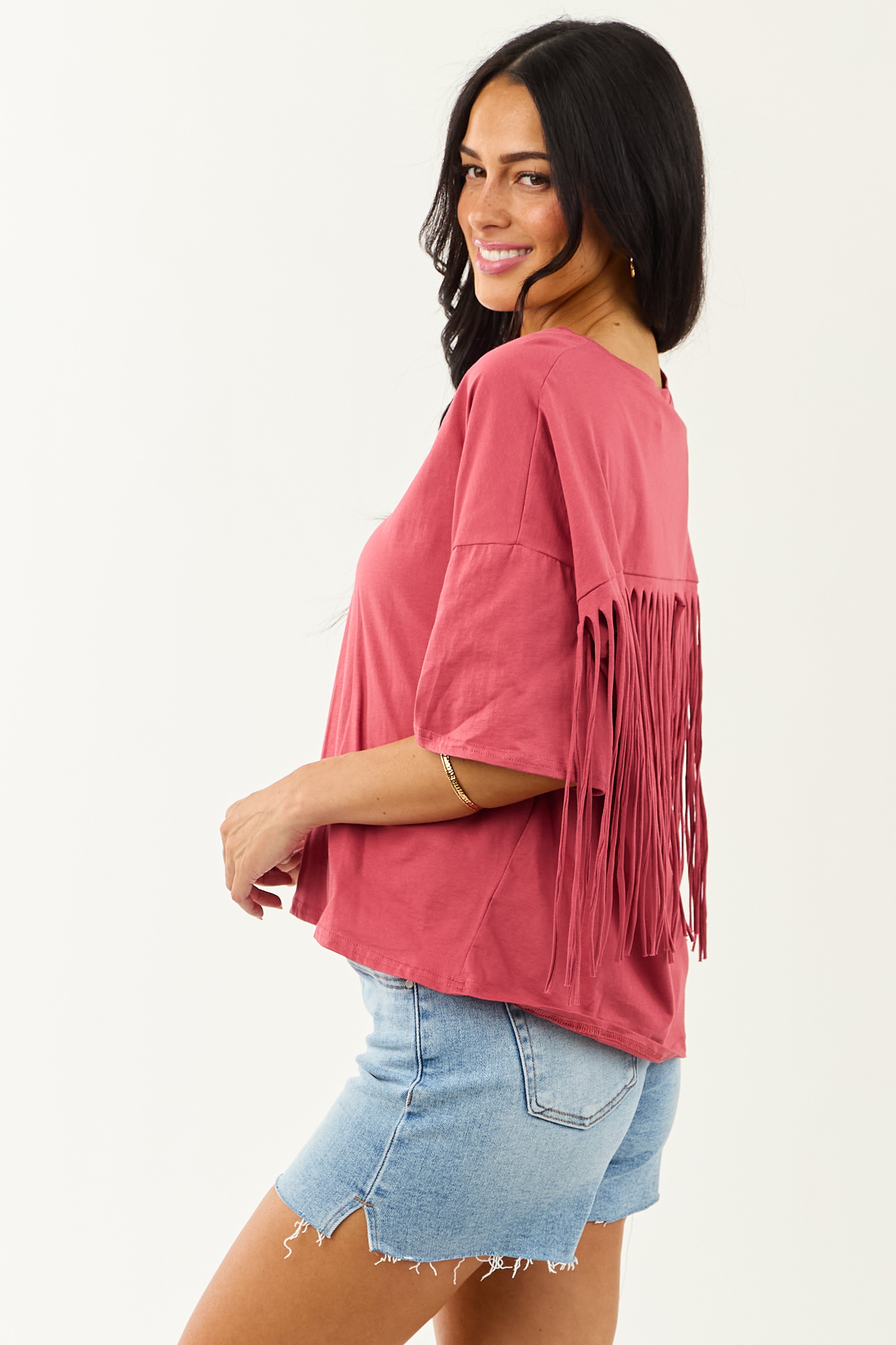 Marsala Half Sleeve Cotton Back Fringe Top