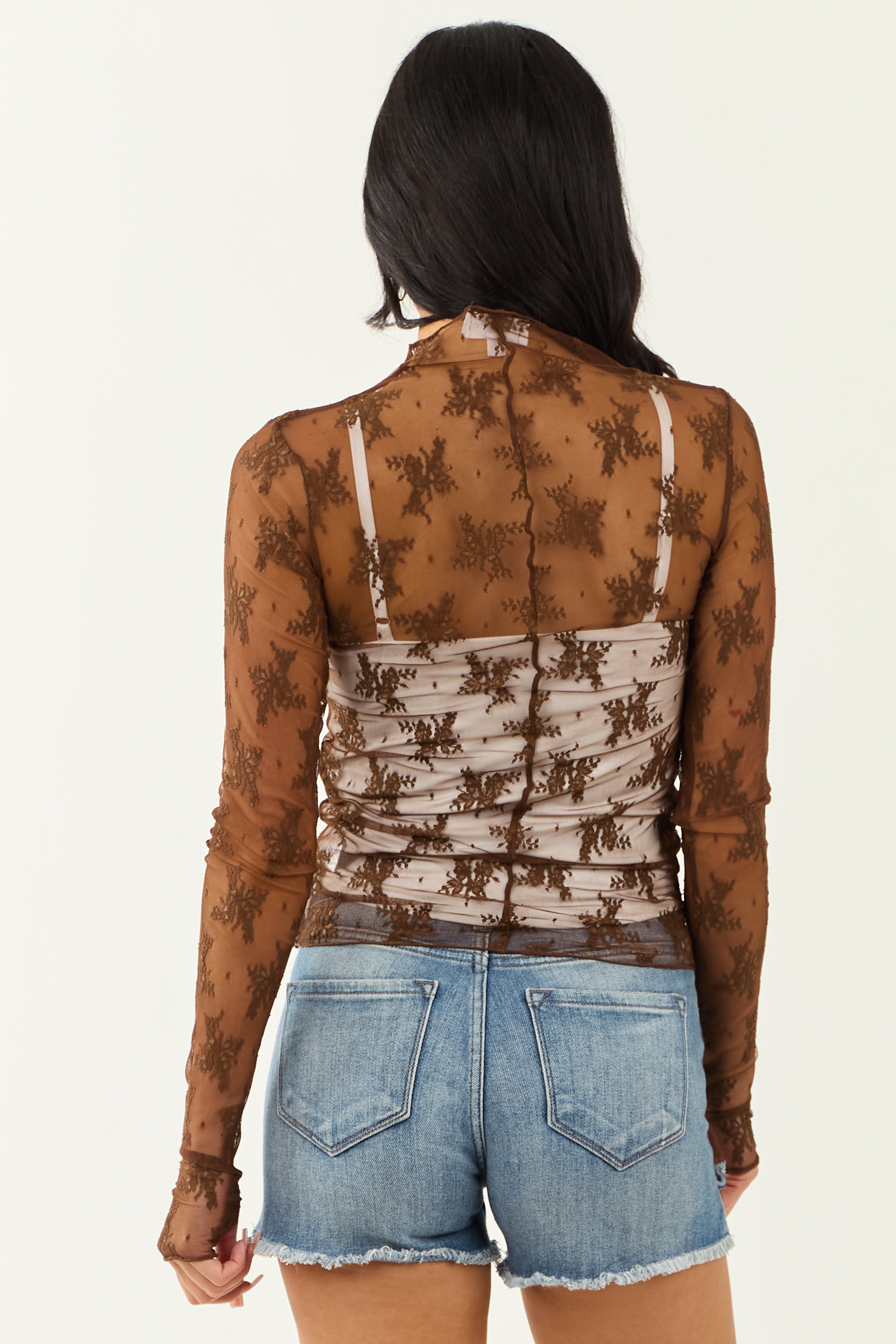 Walnut Mesh Lace Mock Neck Long Sleeve Top