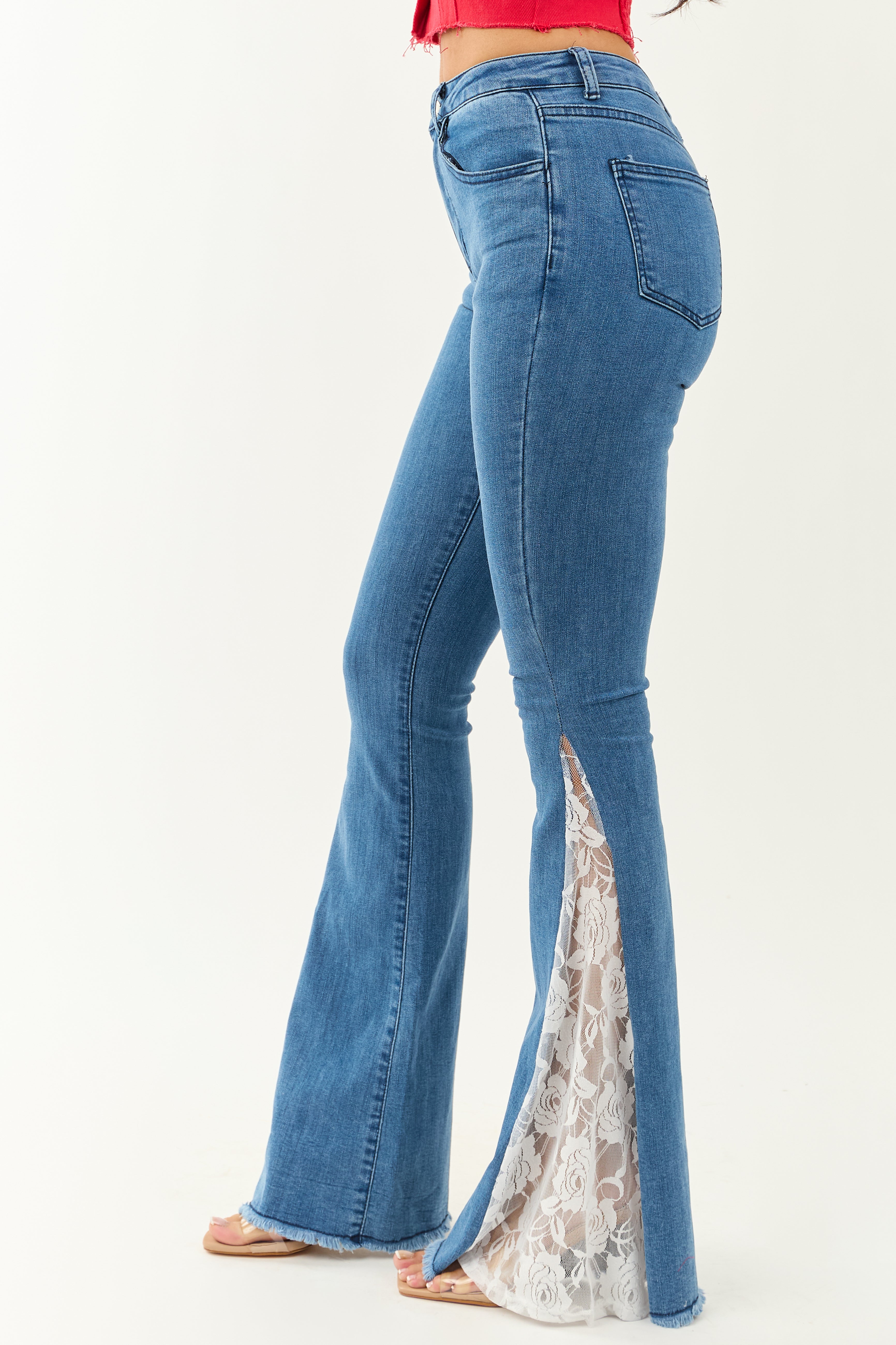 Medium Wash Lace Contrast Stretchy Flare Leg Jeans
